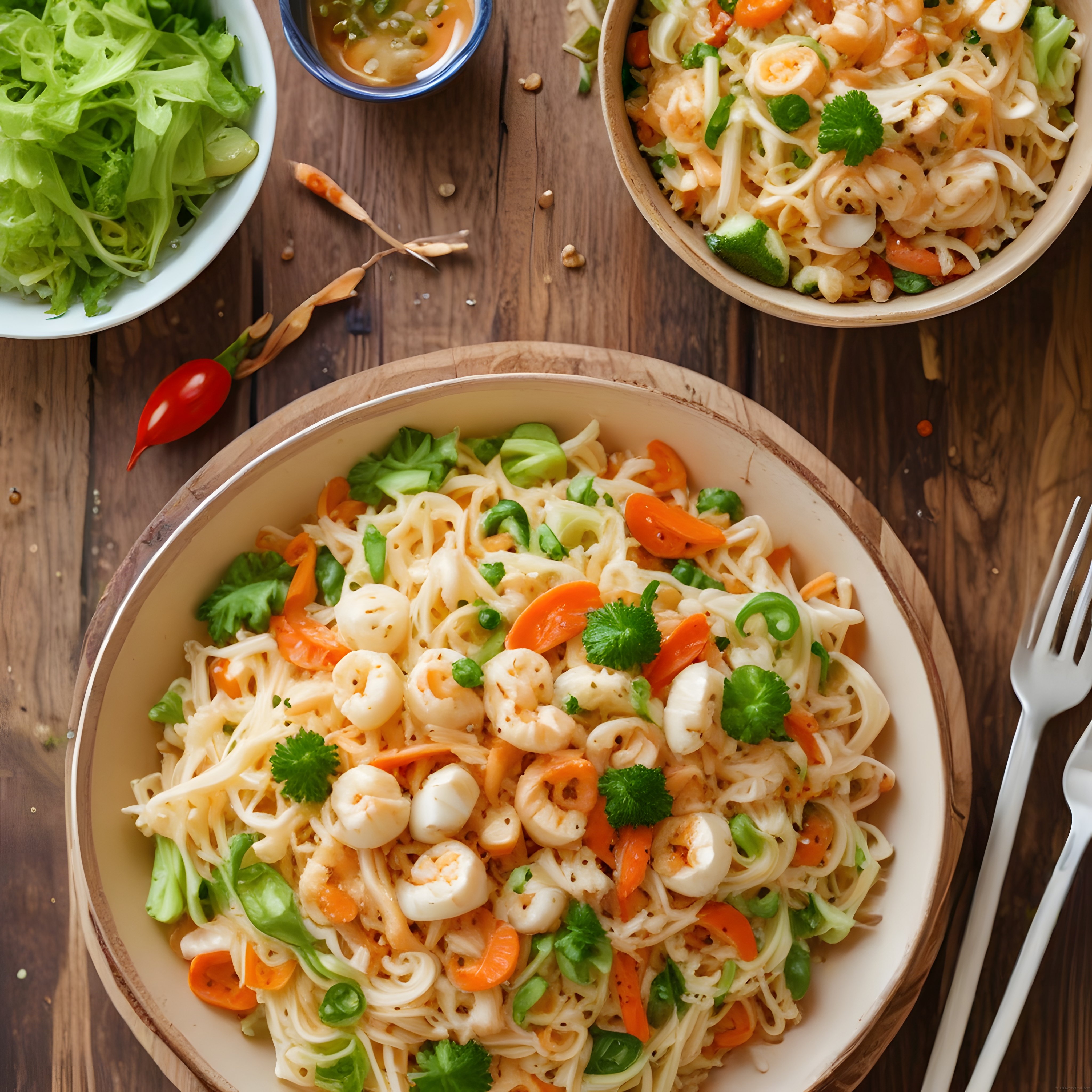 Rustik ahşap masada karidesli sebzeli noodle salatası ve taze marul eşliği
