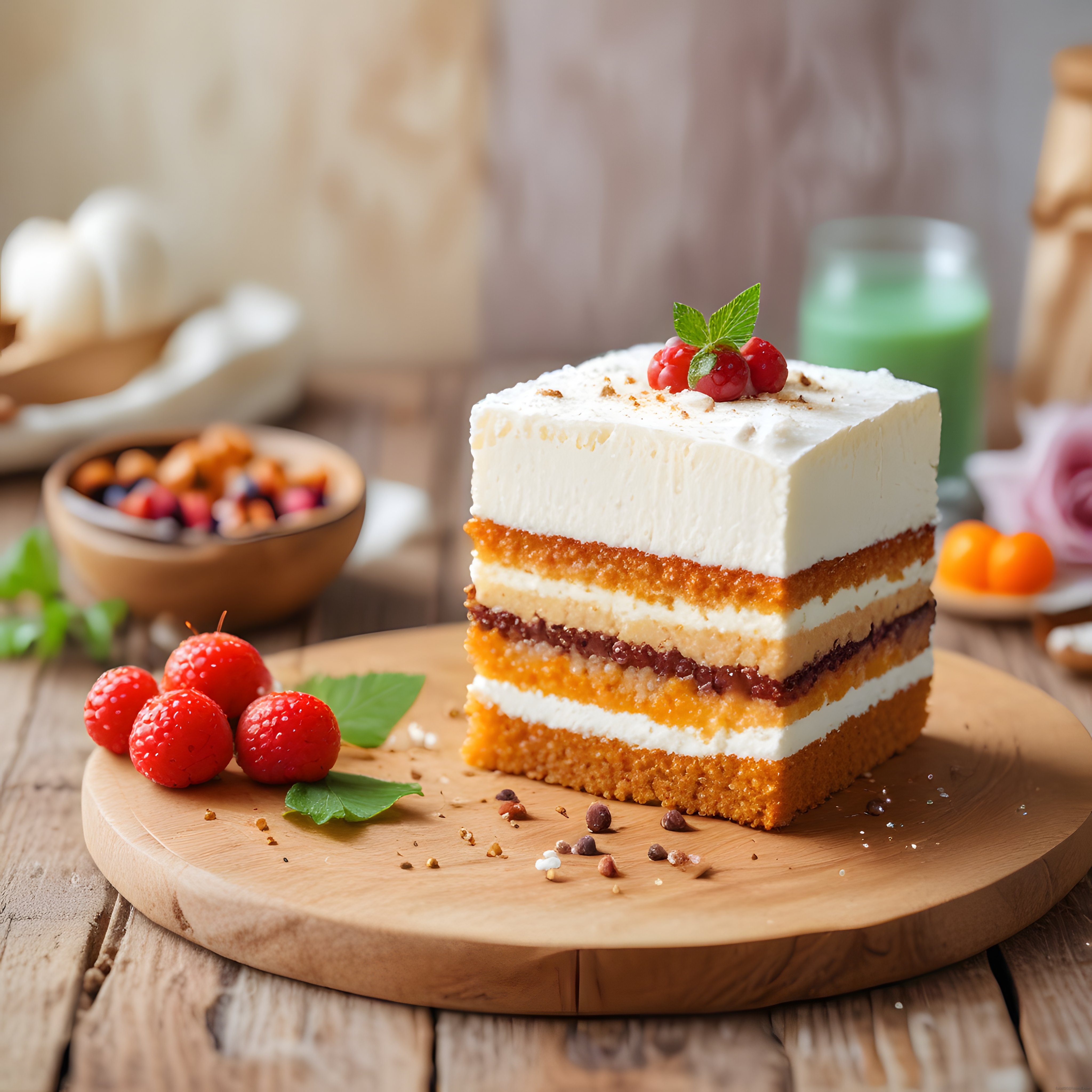 Rustik Ahşap Masada Kat Kat Kremalı Böğürtlenli Pasta ve Taze Meyveler