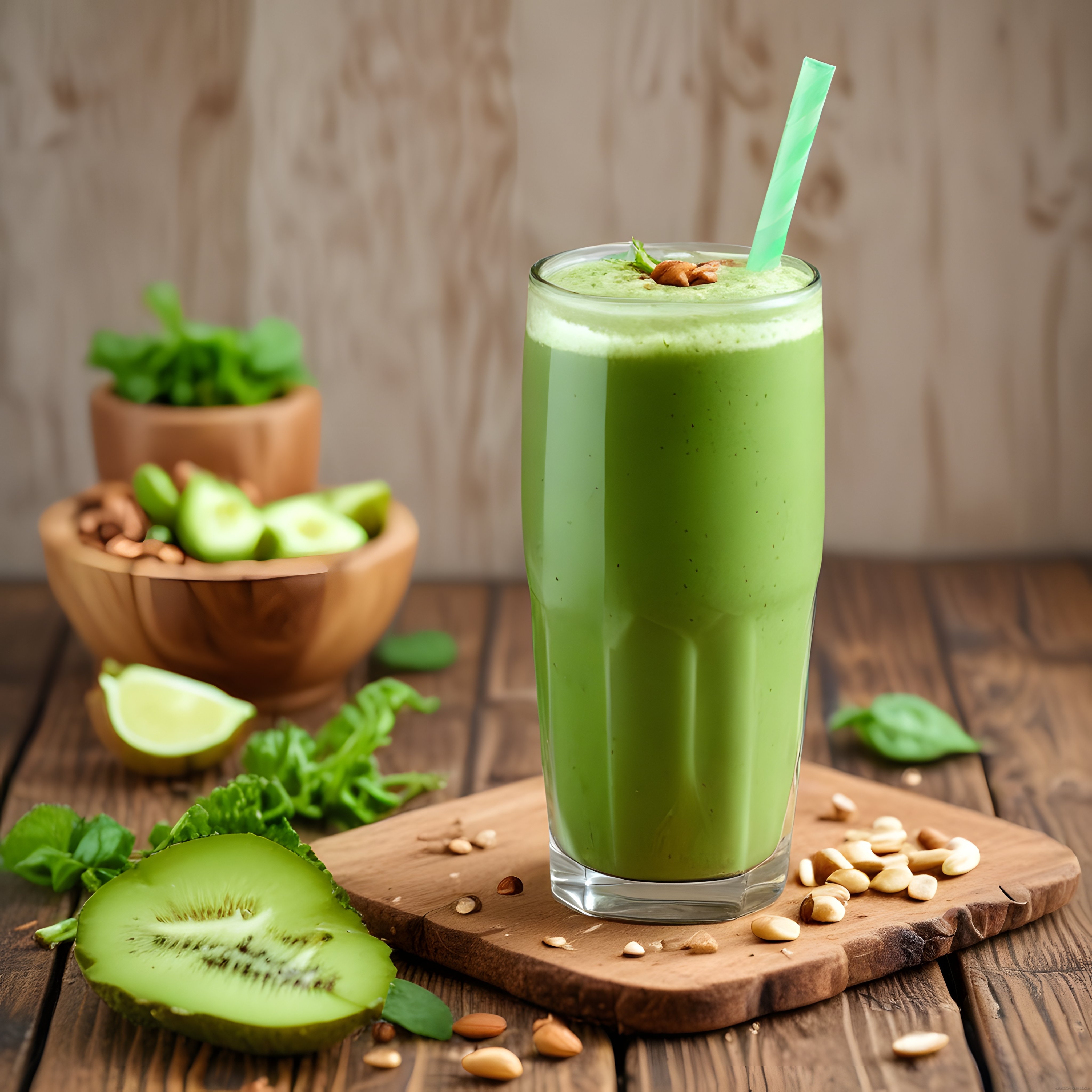 Rustik Ahşap Masada Kivili Salatalıklı Detoks Yeşil Smoothie Tarifi