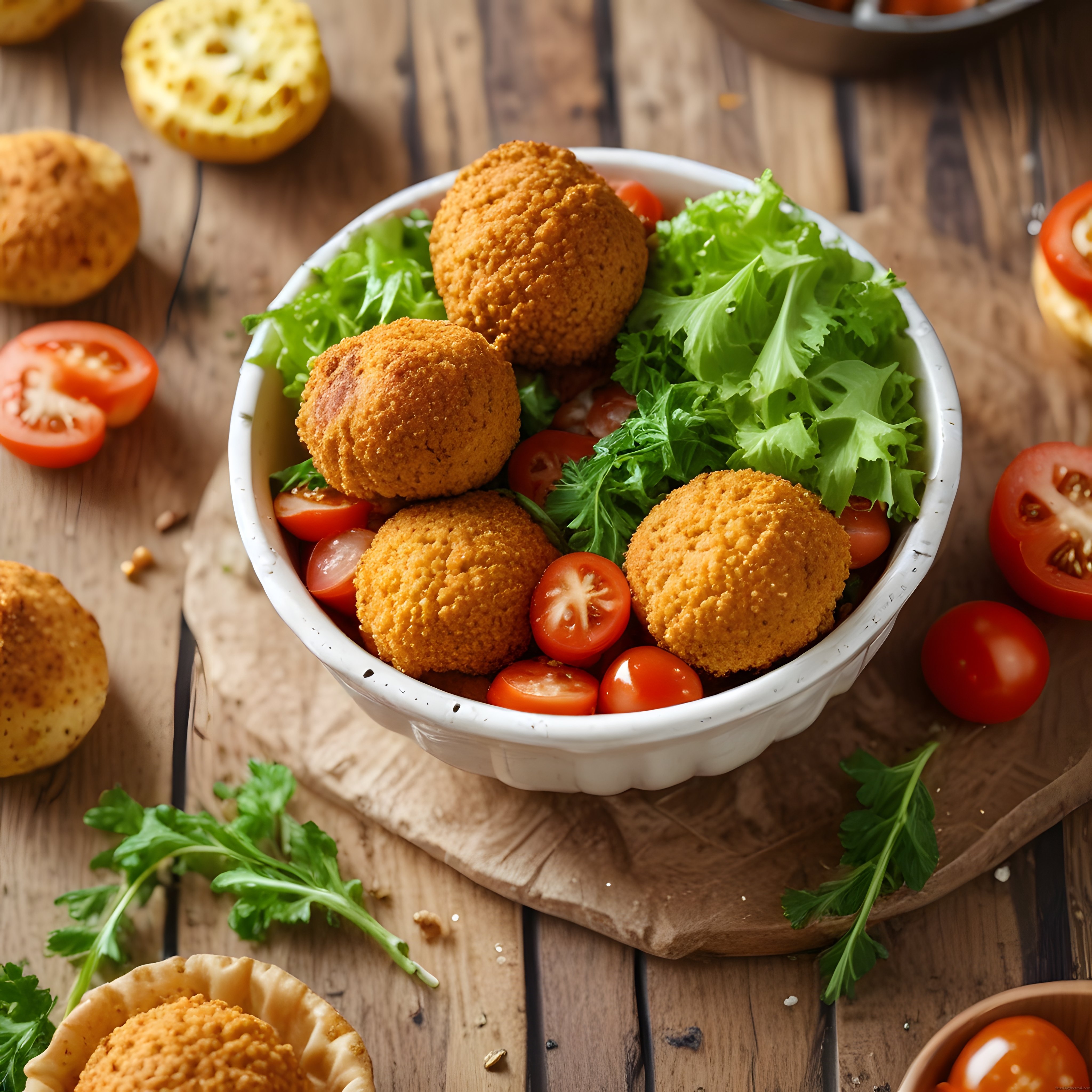 Rustik Ahşap Masada Kızarmış Falafel ve Taze Yeşilliklerle Dolu Kase