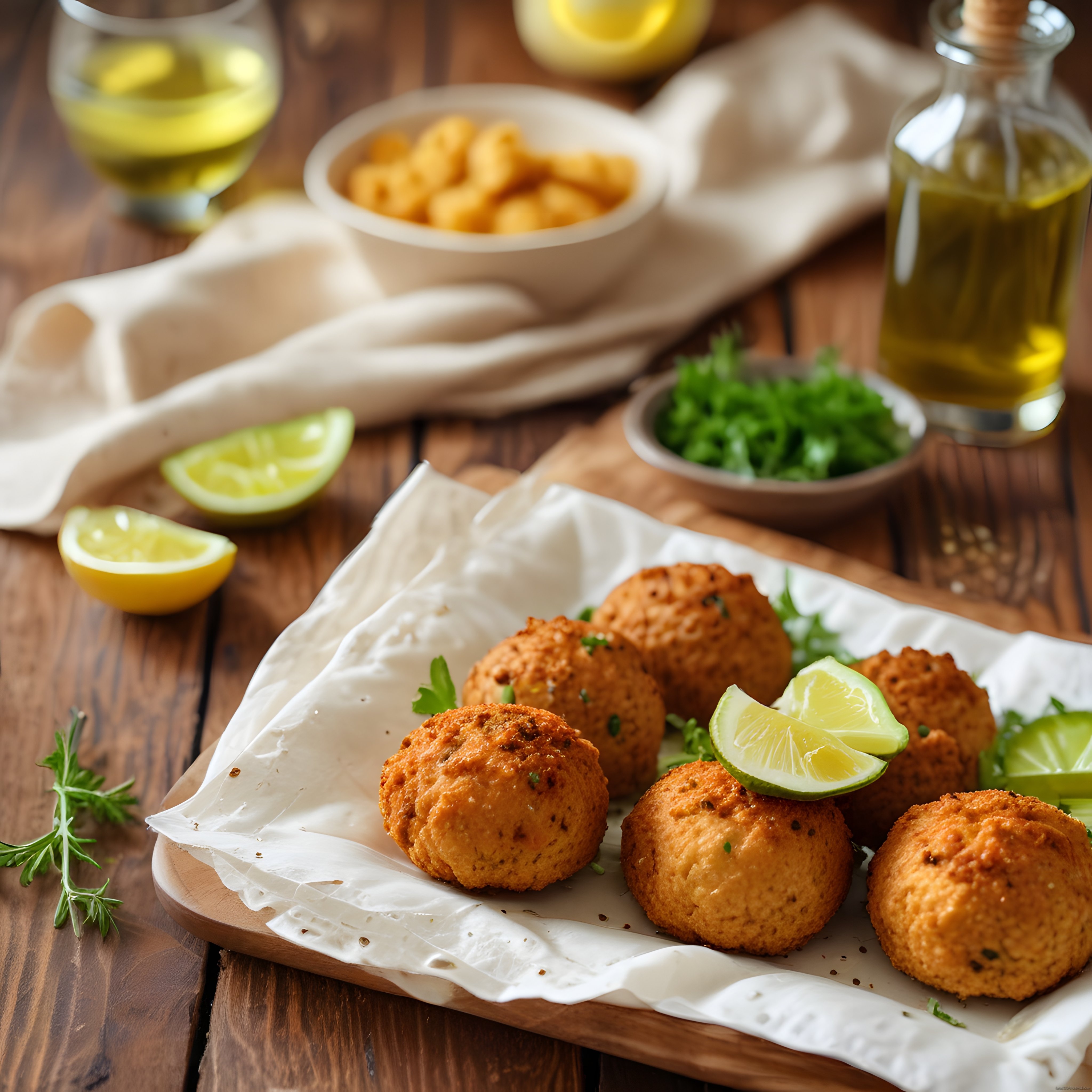 Rustik Ahşap Masada Kızarmış Risotto Topları ve Taze Limon Süslemesi