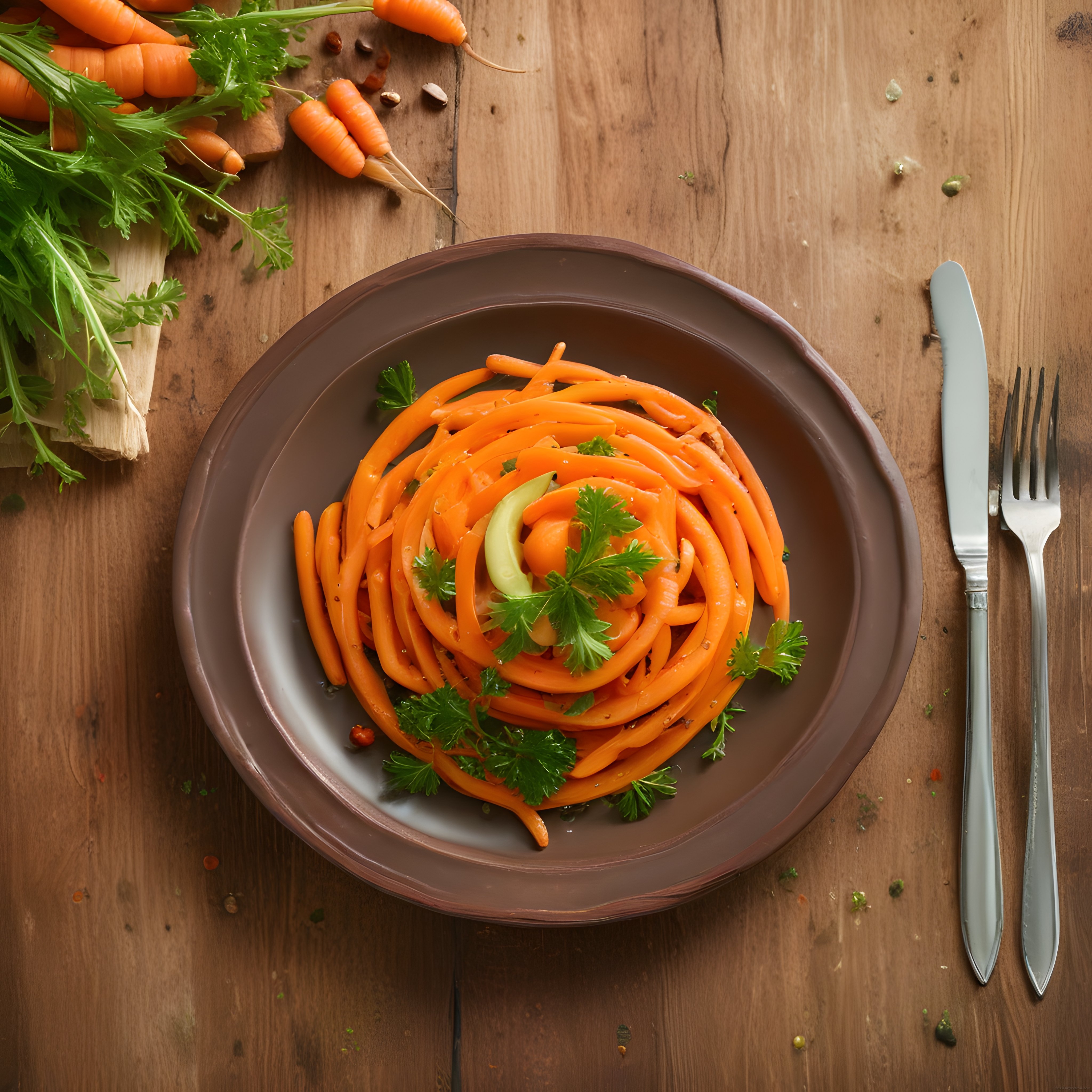 Rustik ahşap masada koyu tabakta havuç spagetti ve taze demet havuçlar