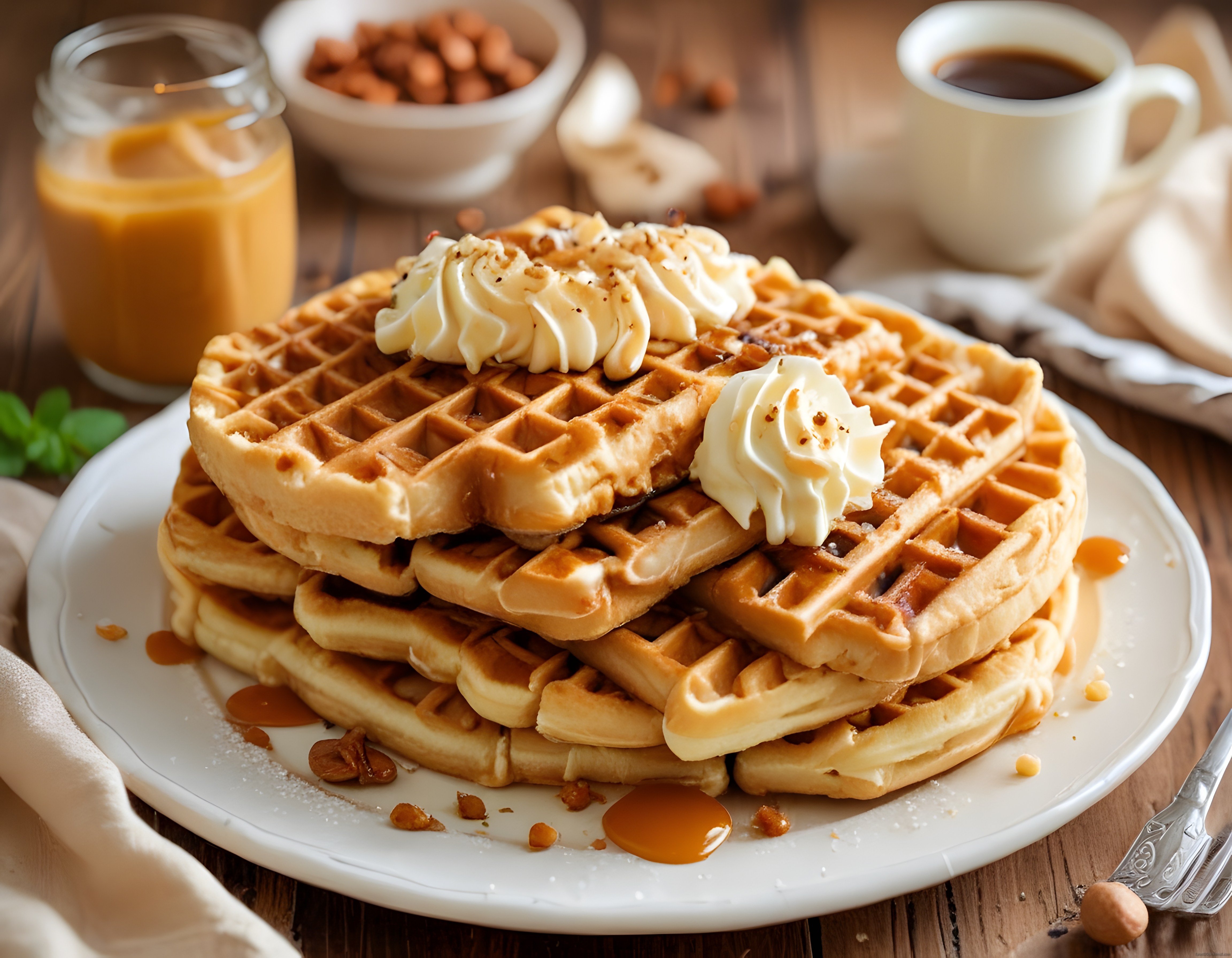 Rustik Ahşap Masada Krem Şantili ve Karamel Soslu Waffle Kahvaltı Keyfi