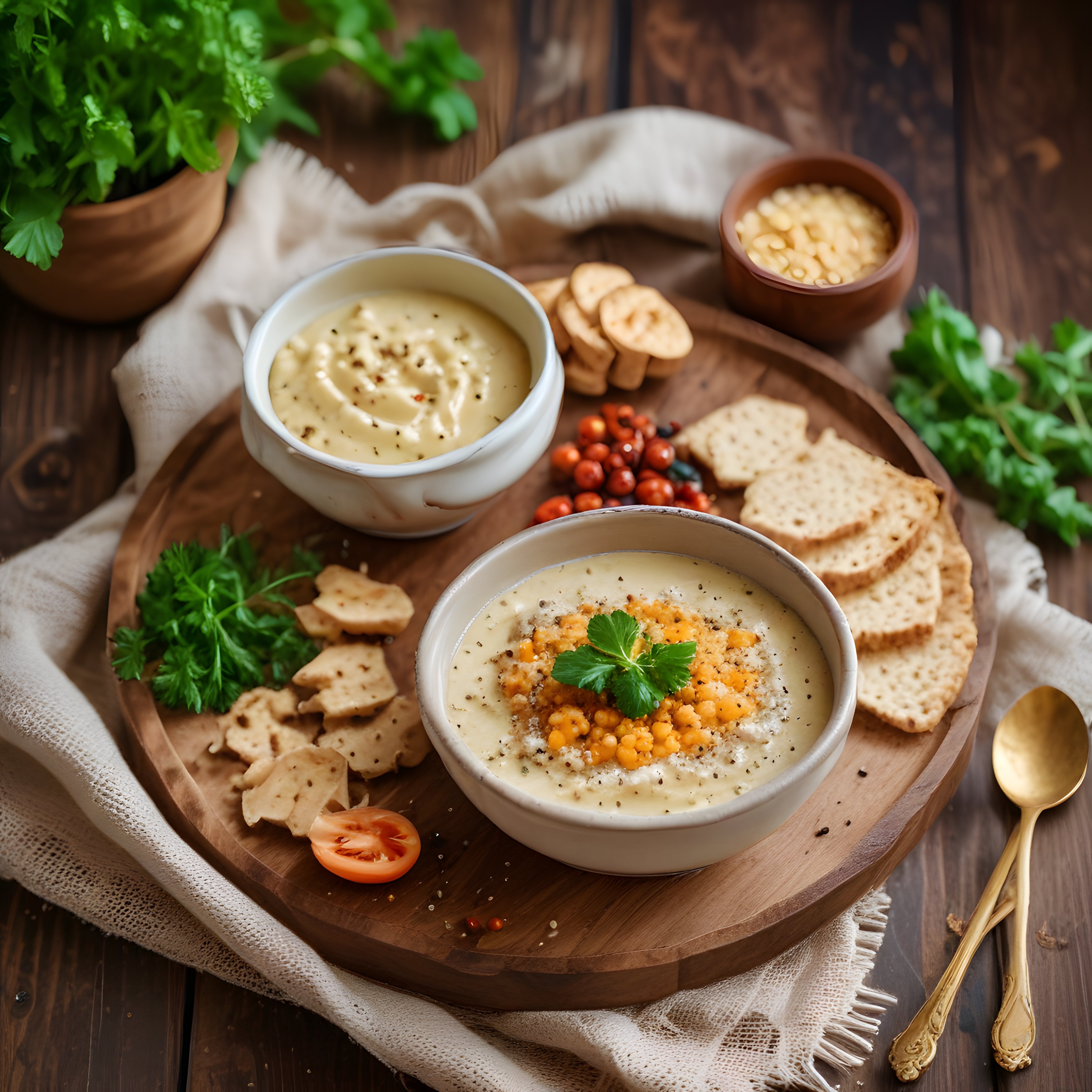 Rustik Ahşap Masada Kremalı Çorba ve Ekmek Dilimleriyle Şık Sunum