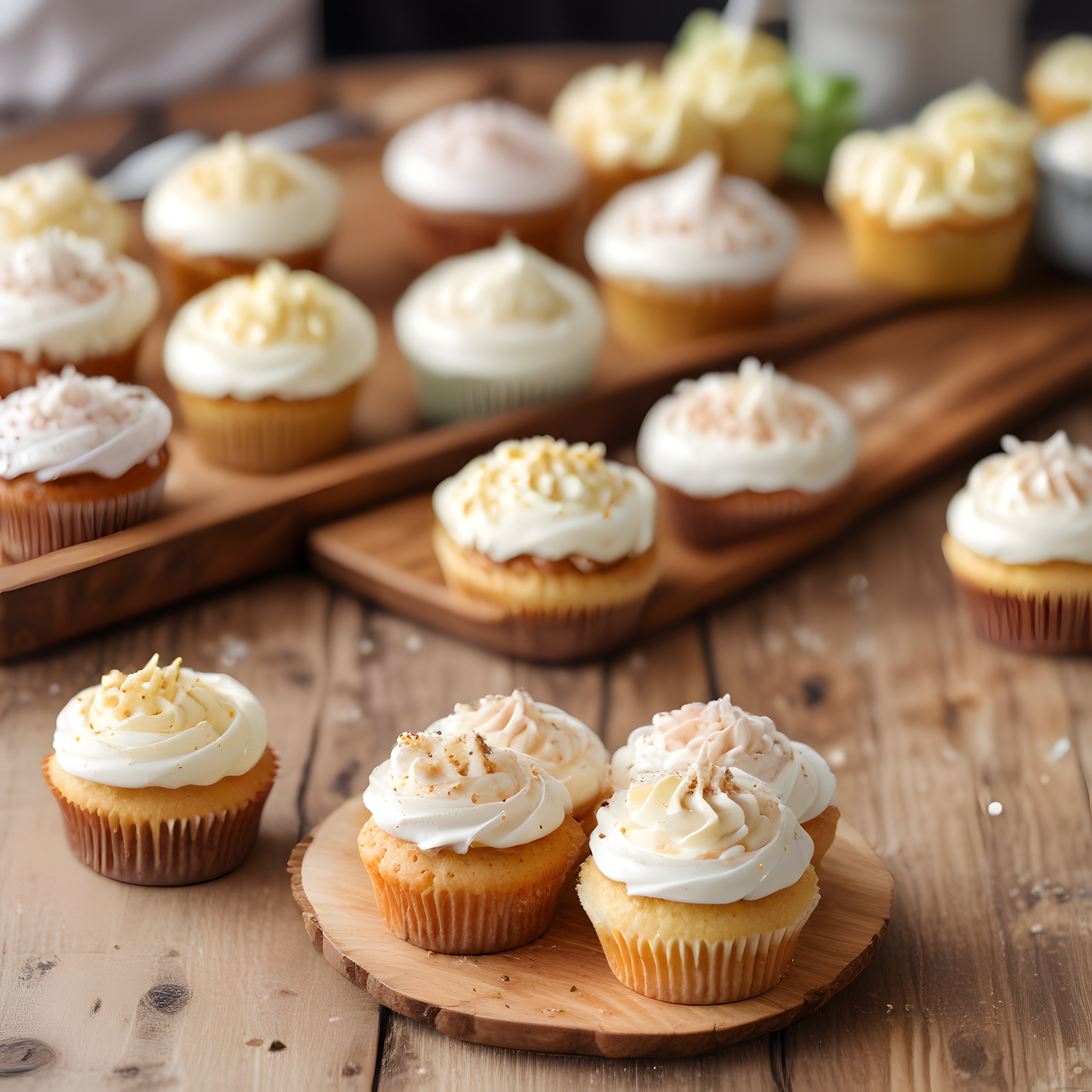 Rustik Ahşap Masada Kremalı Cupcake'ler: Sıcak ve Davetkar Tatlı Sunumu