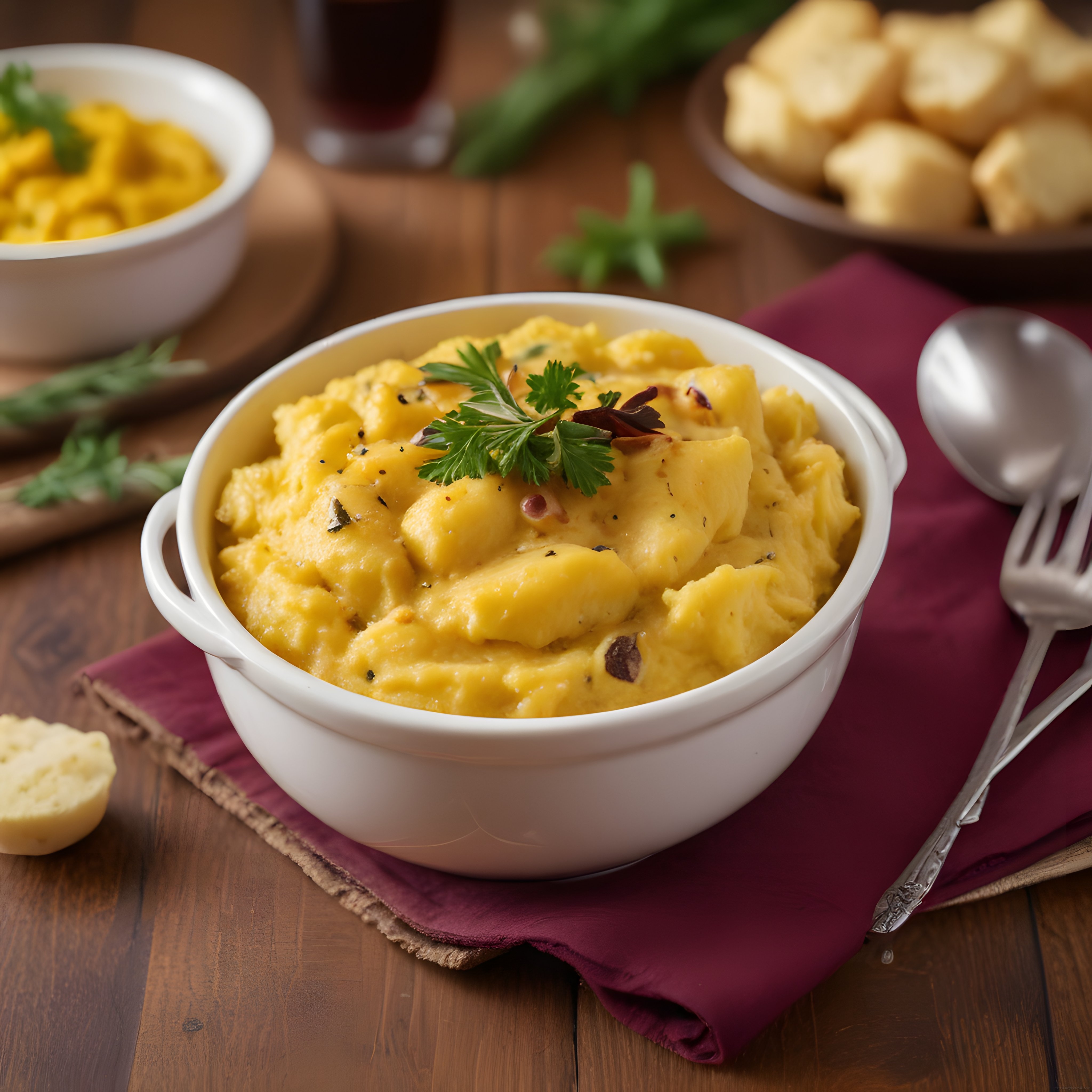Rustik ahşap masada kremalı gnocchi tabağı, taze ot garnitürü ve ekmek sunumu