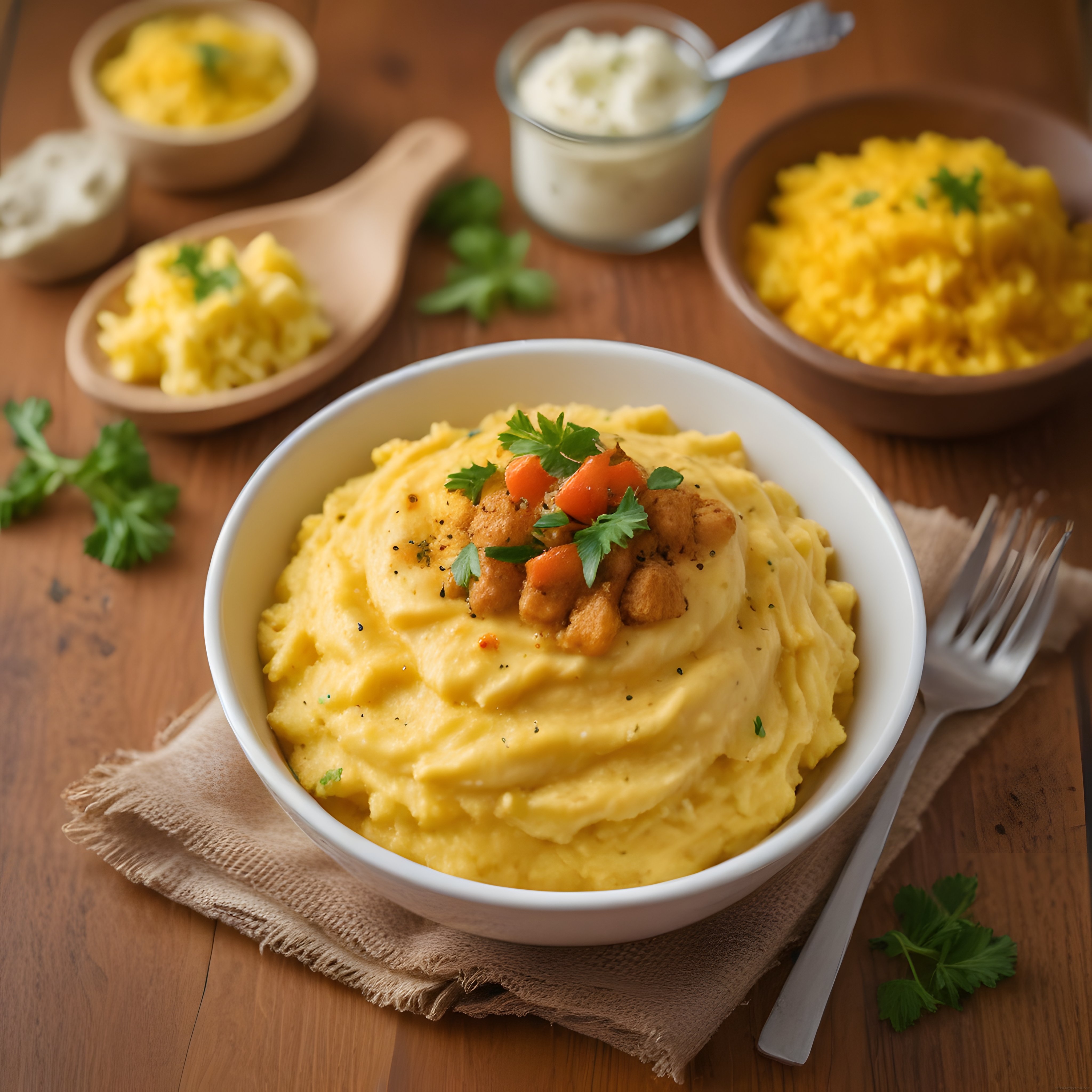 Rustik Ahşap Masada Kremalı Patates Püresi ve Çıtır Ekmek Parçacıkları