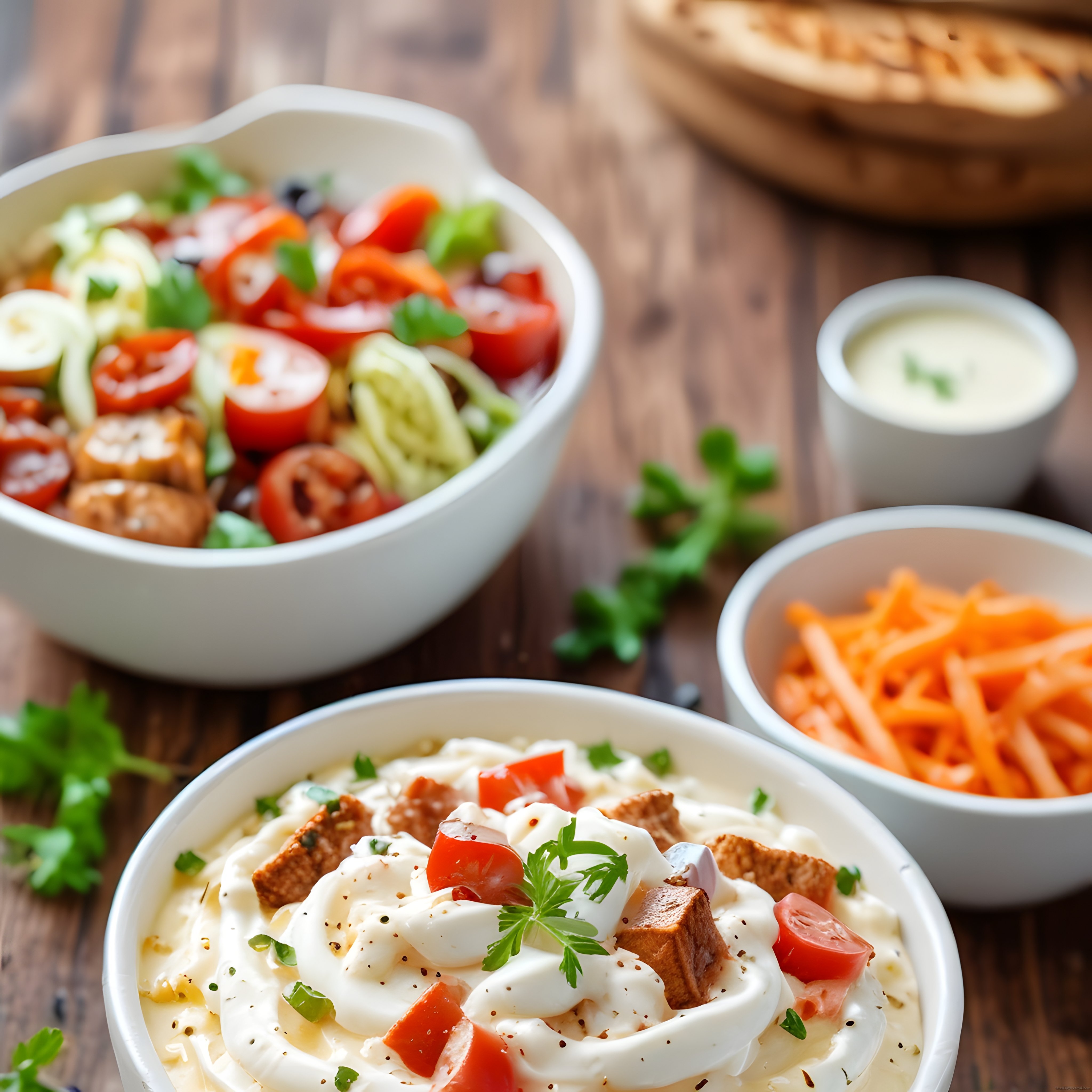 rustik ahşap masada kremalı salata çeşitleri taze sebzeler ve ekmek sunumu