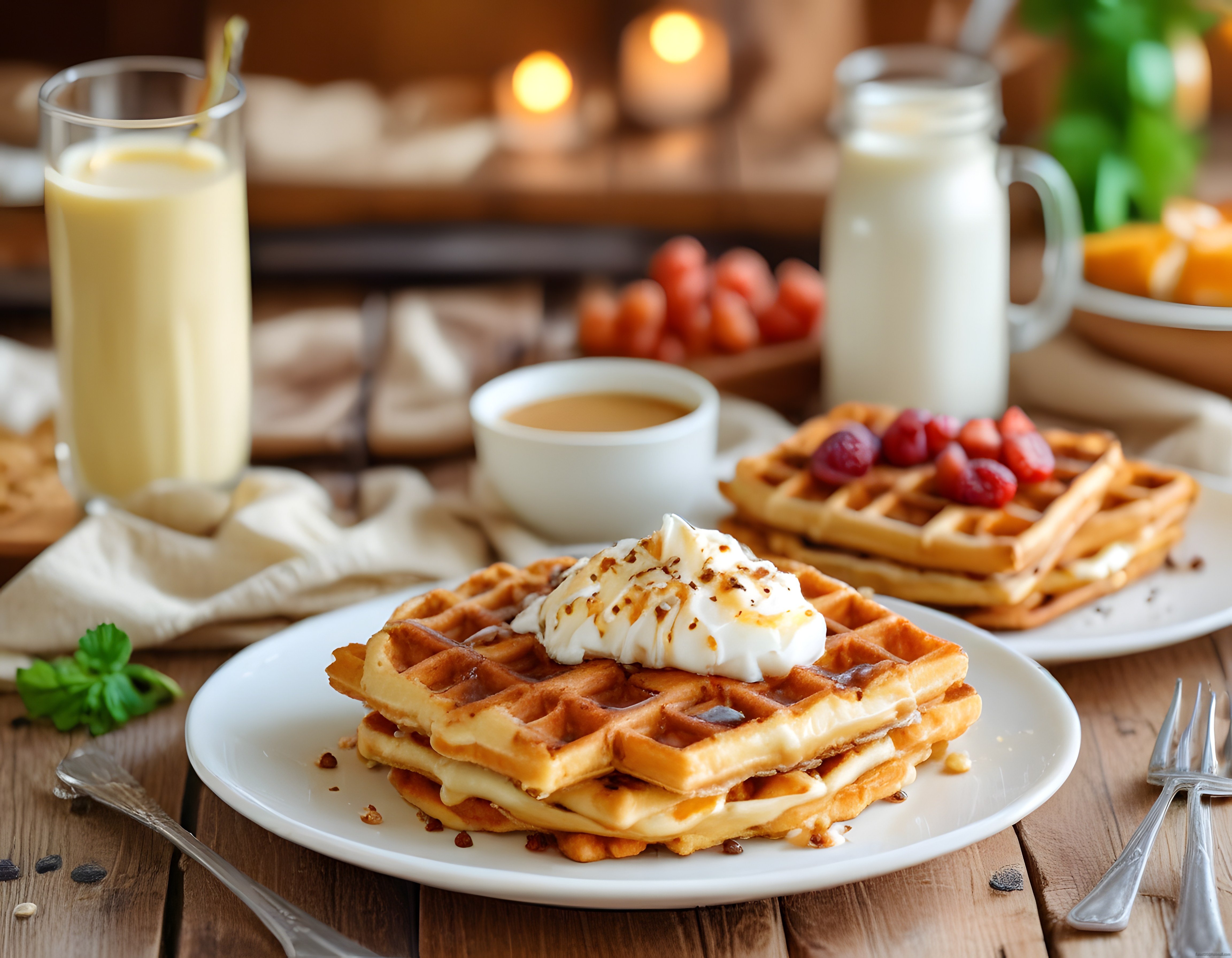 Rustik Ahşap Masada Kremalı Waffle ve Taze Çilekli Kahvaltı Görseli