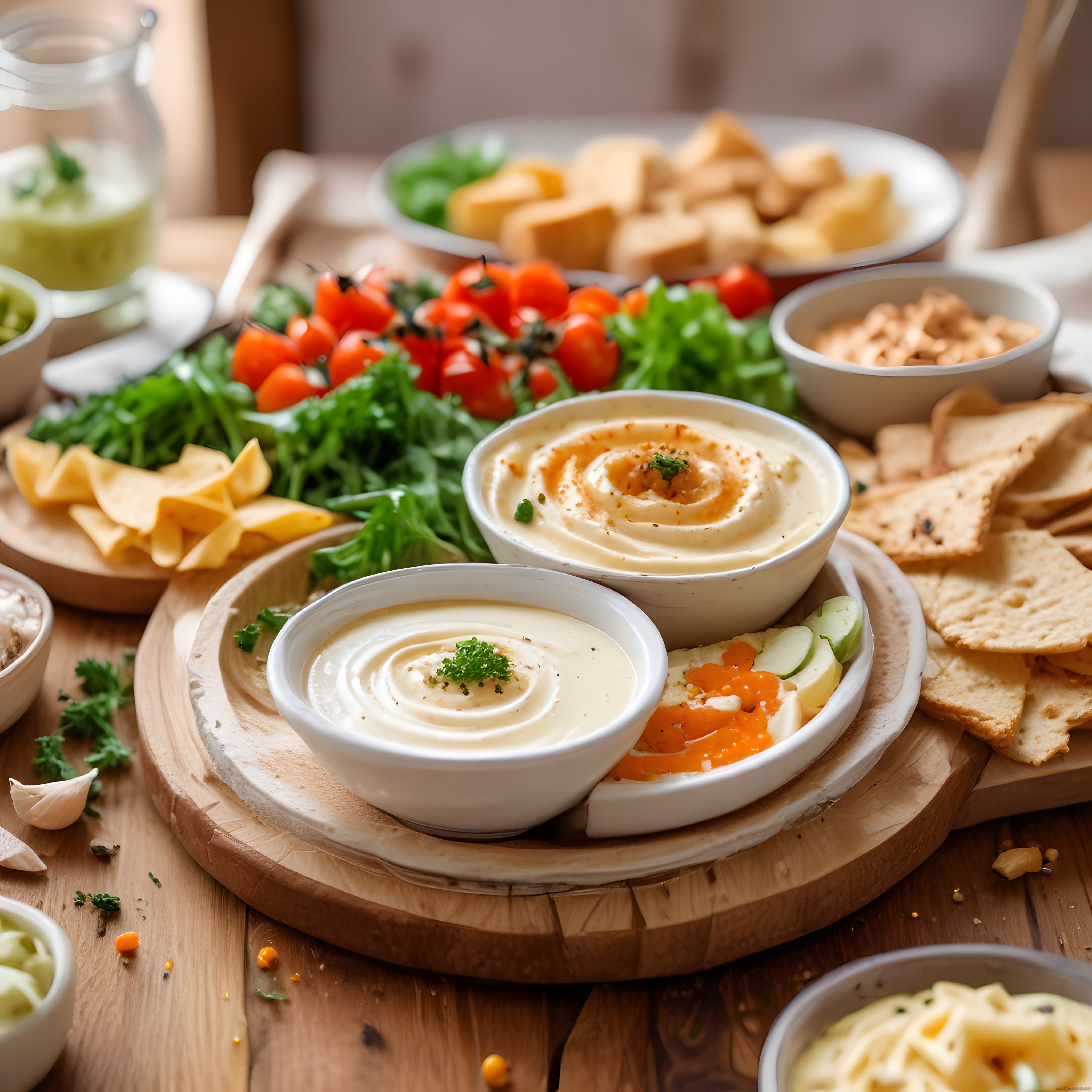 rustik ahşap masada kremsi humus, taze sebzeler ve krakerlerle brunch keyfi