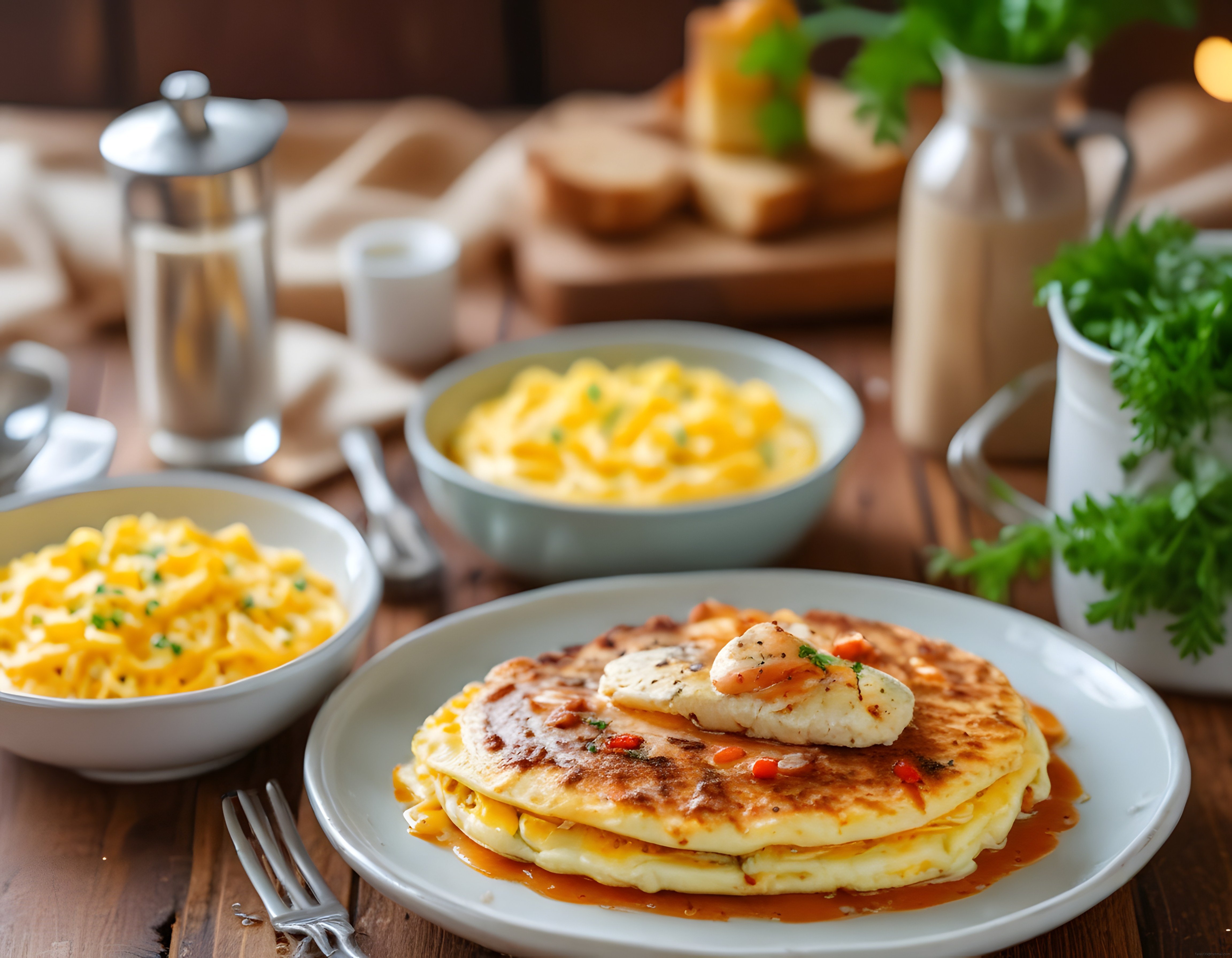 Rustik ahşap masada krep, yumurta ve french press ile keyifli brunch