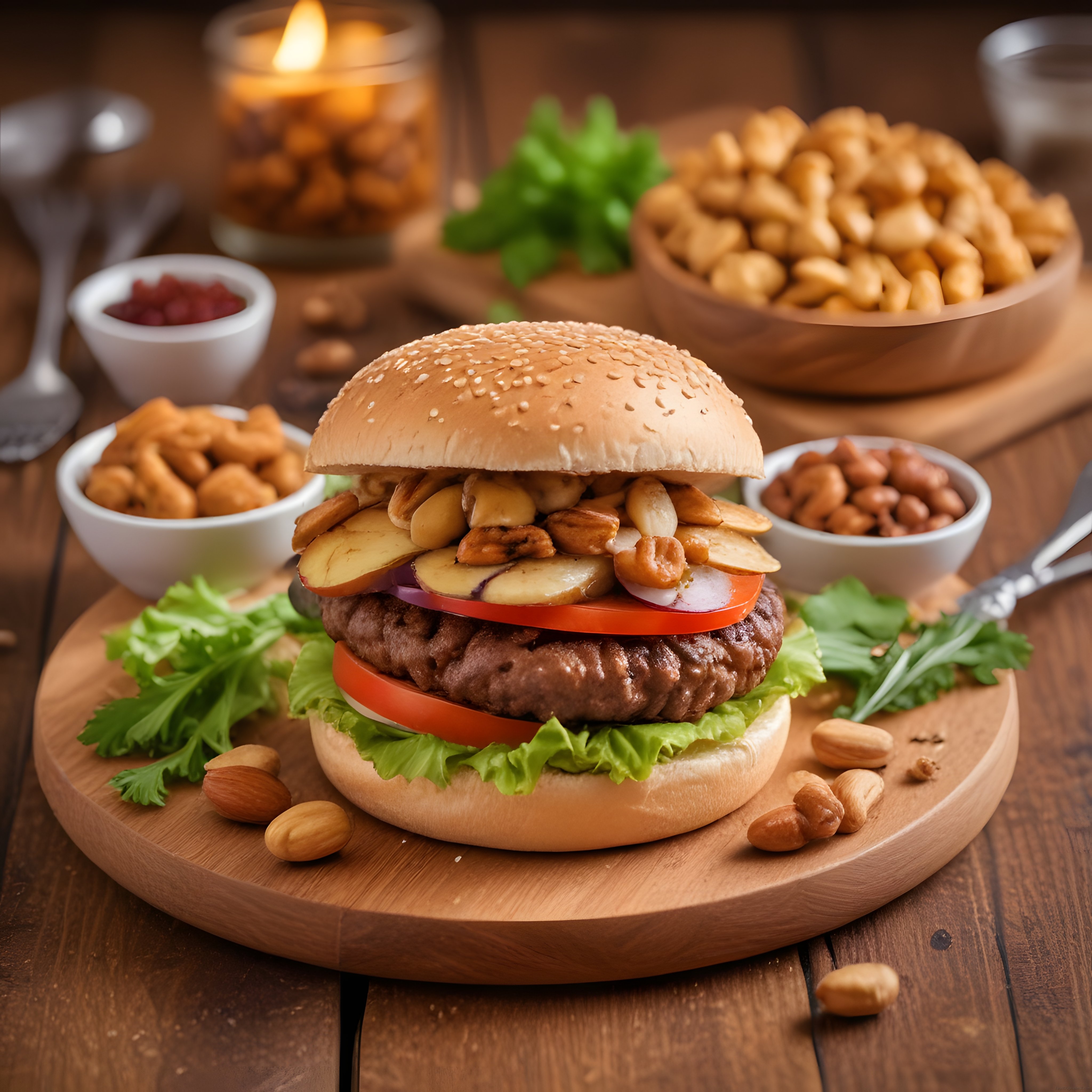 Rustik ahşap masada kuruyemişli nefis hamburger ve atıştırmalıklar