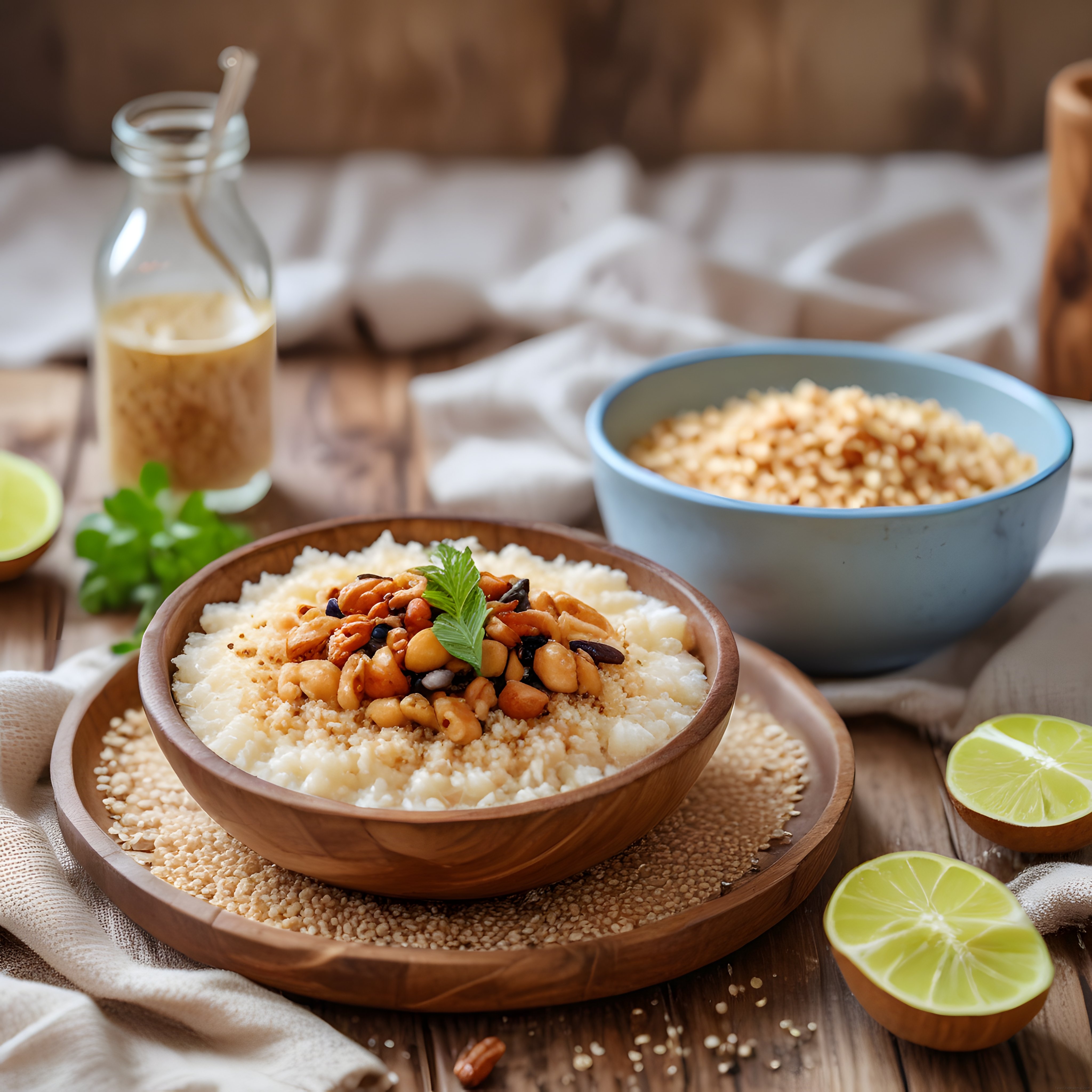 Rustik ahşap masada kuskus salatası ve limon soslu kuruyemişli sunum