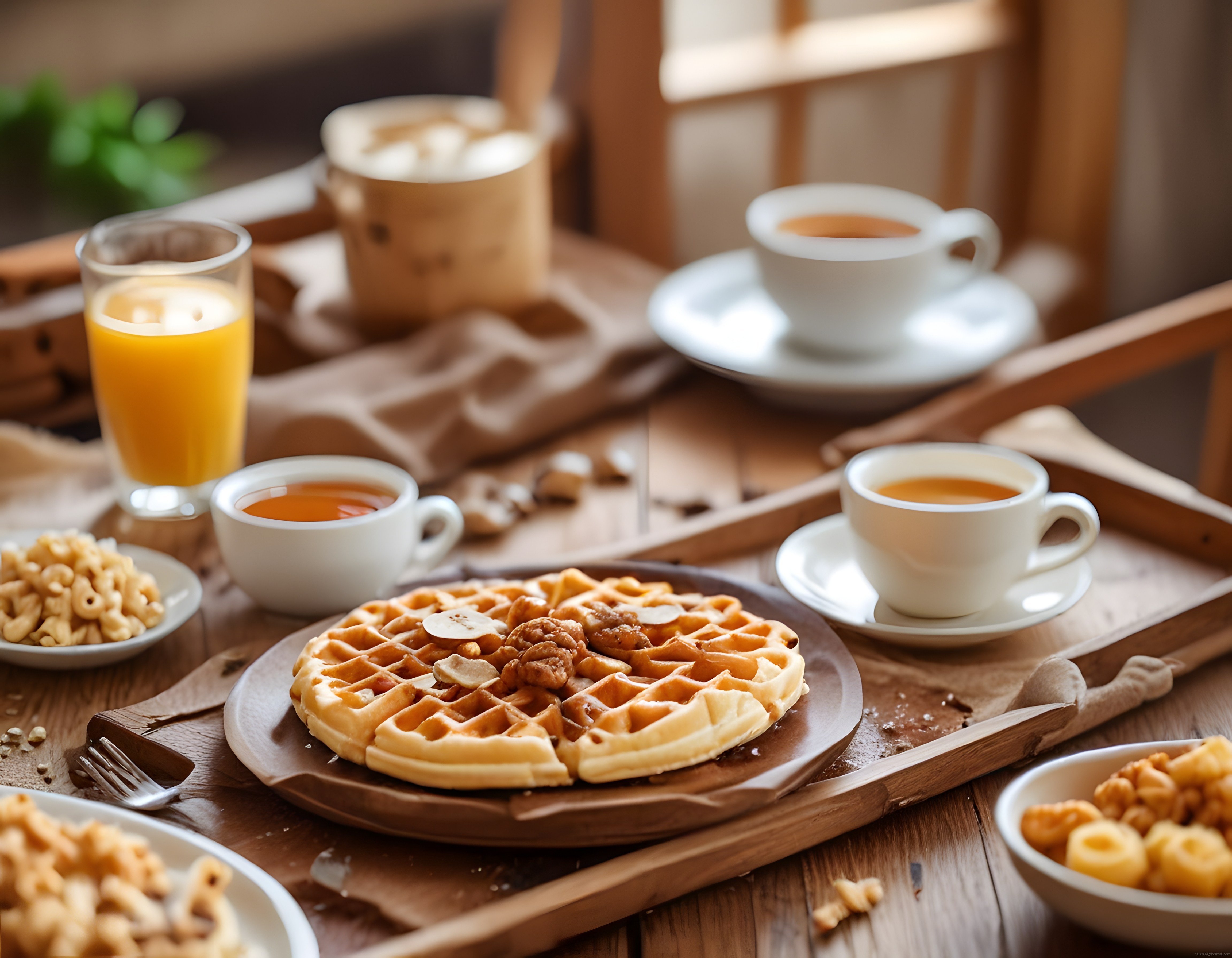 Rustik Ahşap Masada Leziz Waffle ve Sıcak Kahve ile Kahvaltı Keyfi