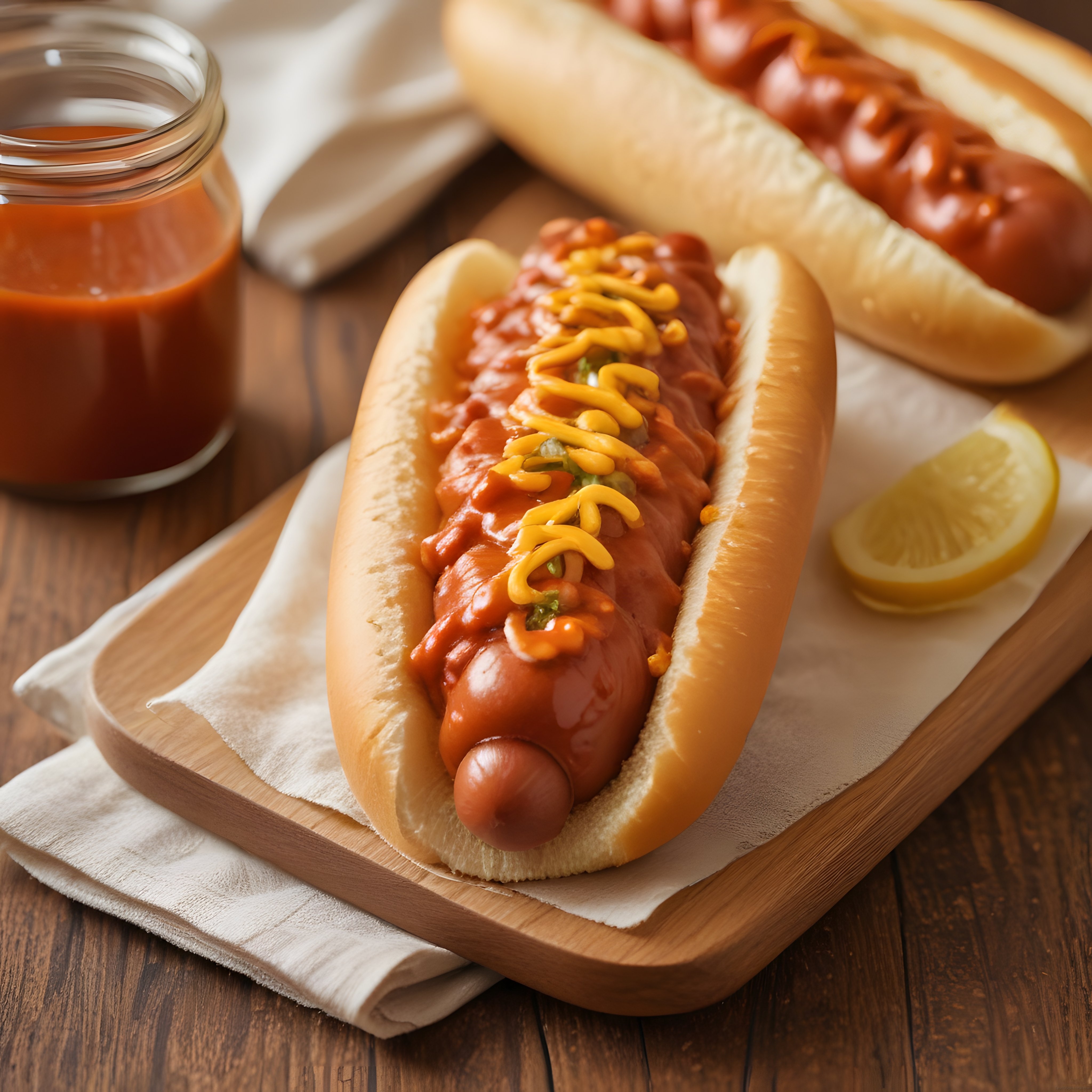 Rustik Ahşap Masada Limon ve Soslarla Süslenmiş Lezzetli Hot Dog Sunumu