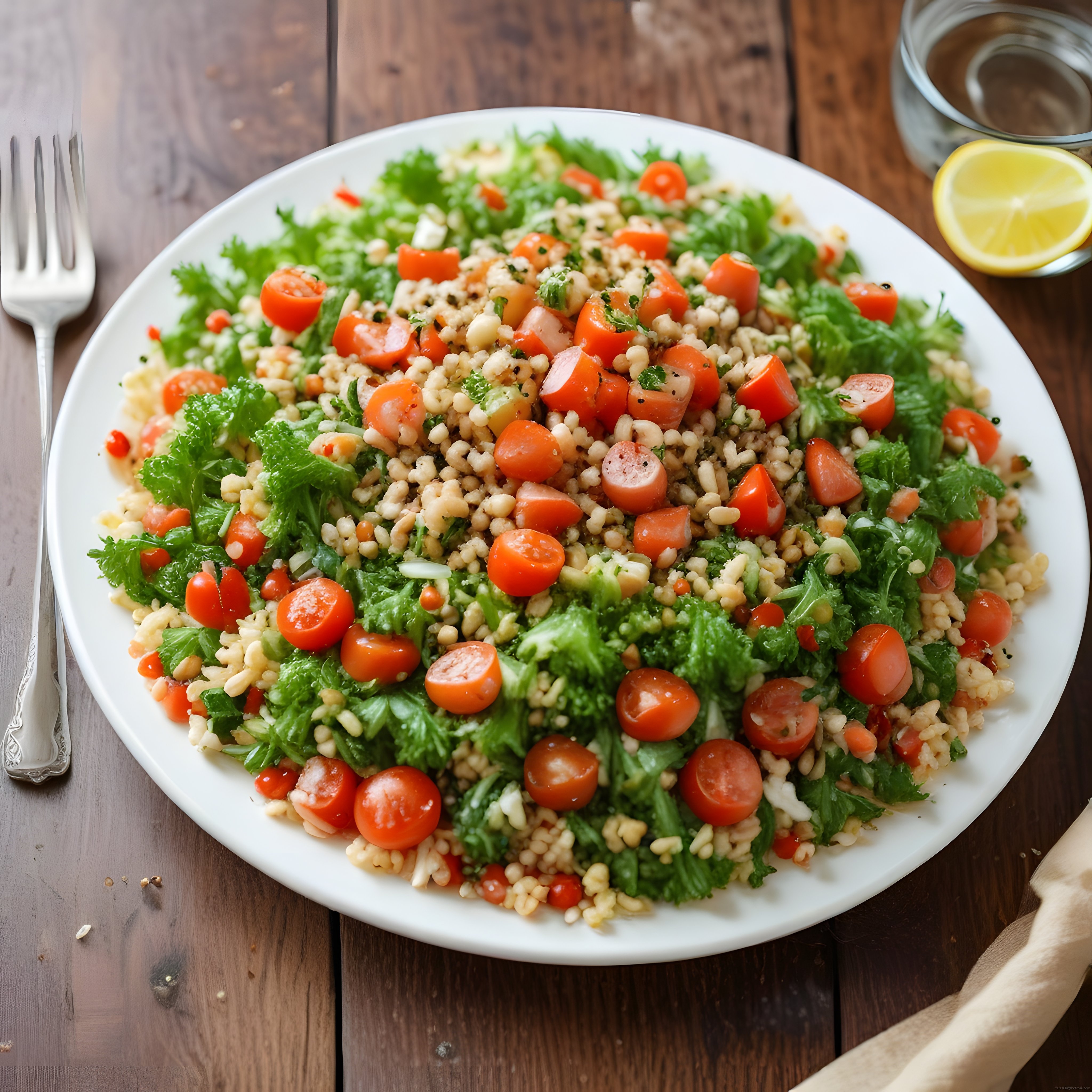 Rustik Ahşap Masada Limon ve Zeytinyağı Eşliğinde Renkli Tahıl Salatası