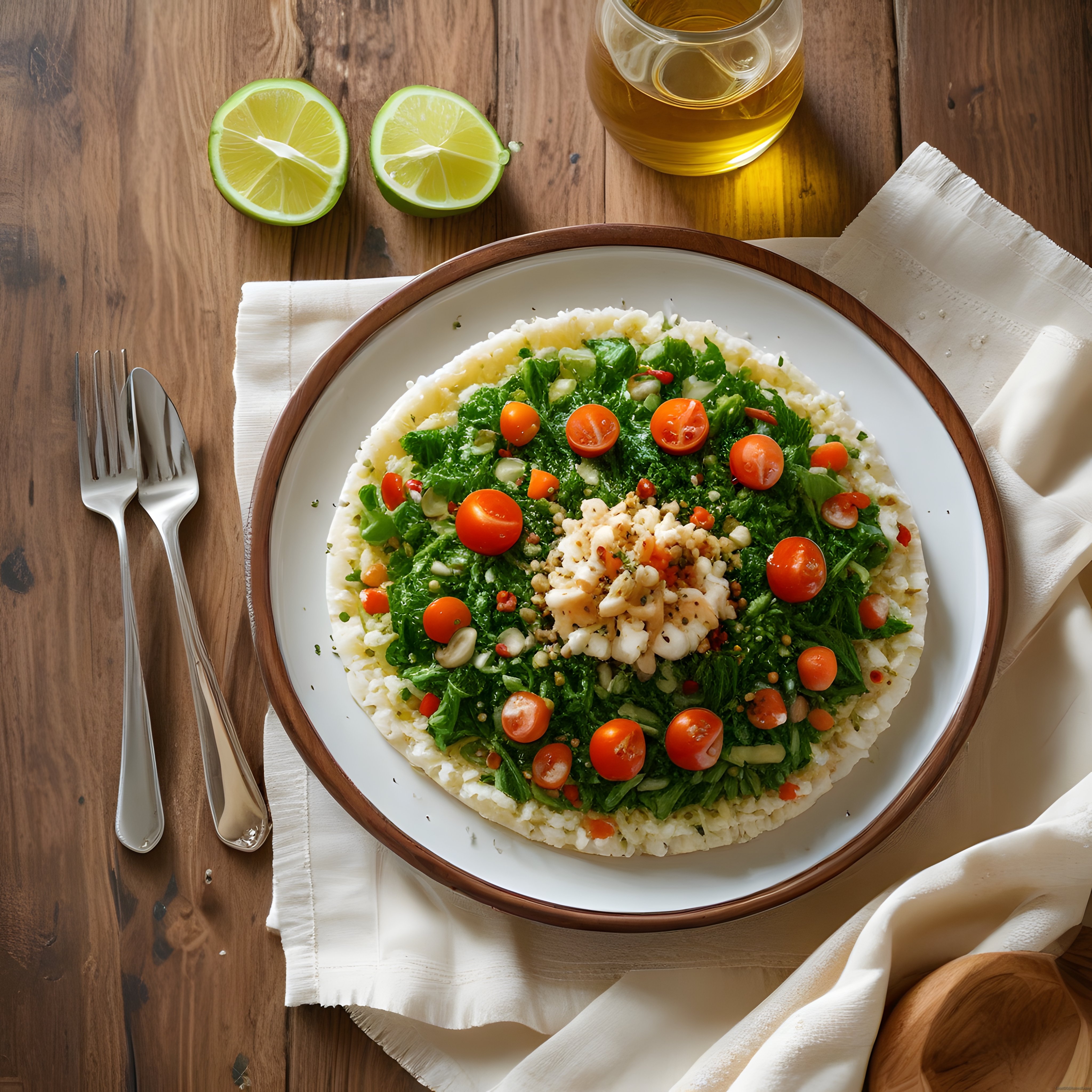 Rustik Ahşap Masada Lor Peynirli Cherry Domatesli Taze Yeşil Salata Sunumu
