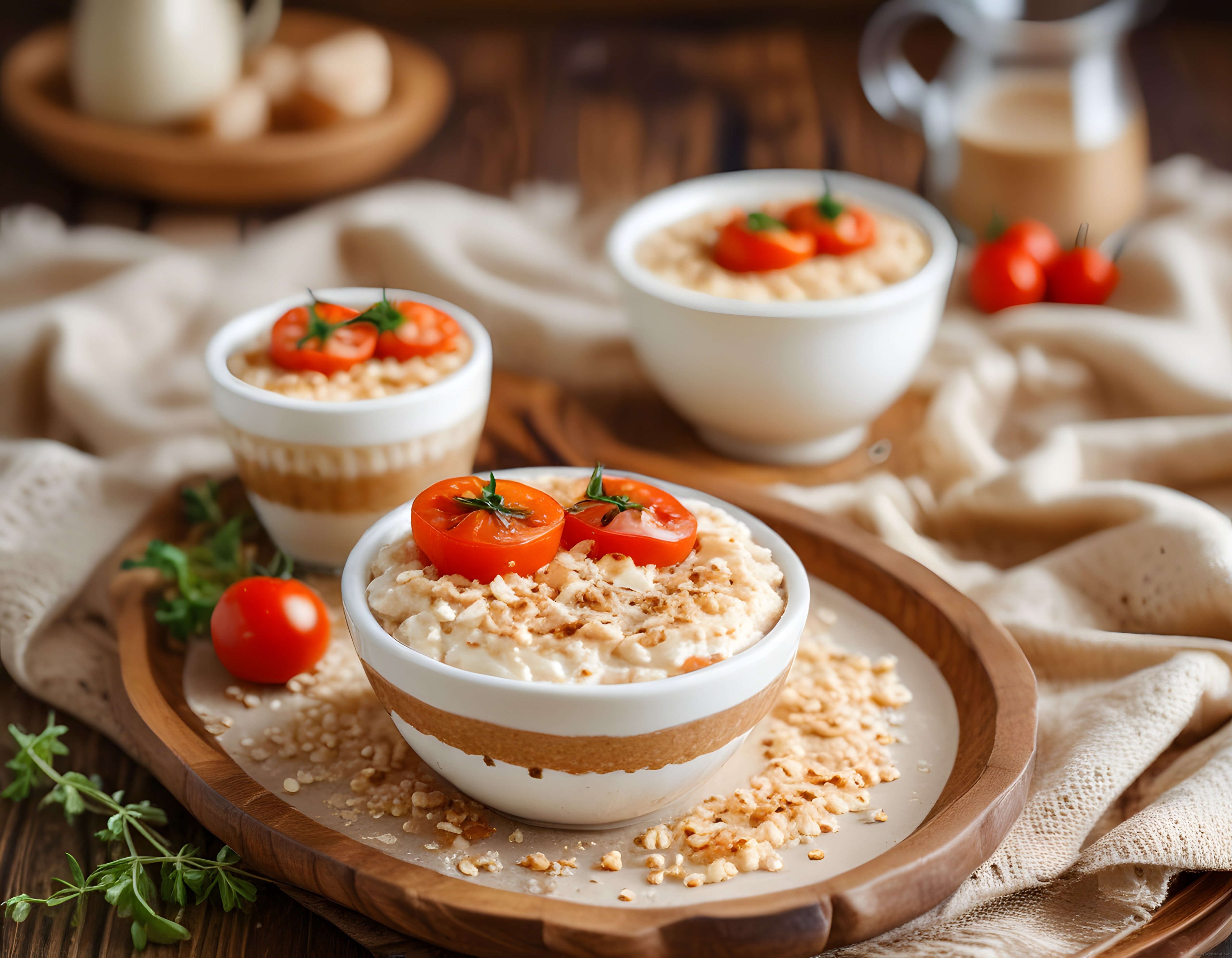 Rustik Ahşap Masada Lor Peynirli ve Cherry Domatesli Kahvaltı Sunumu