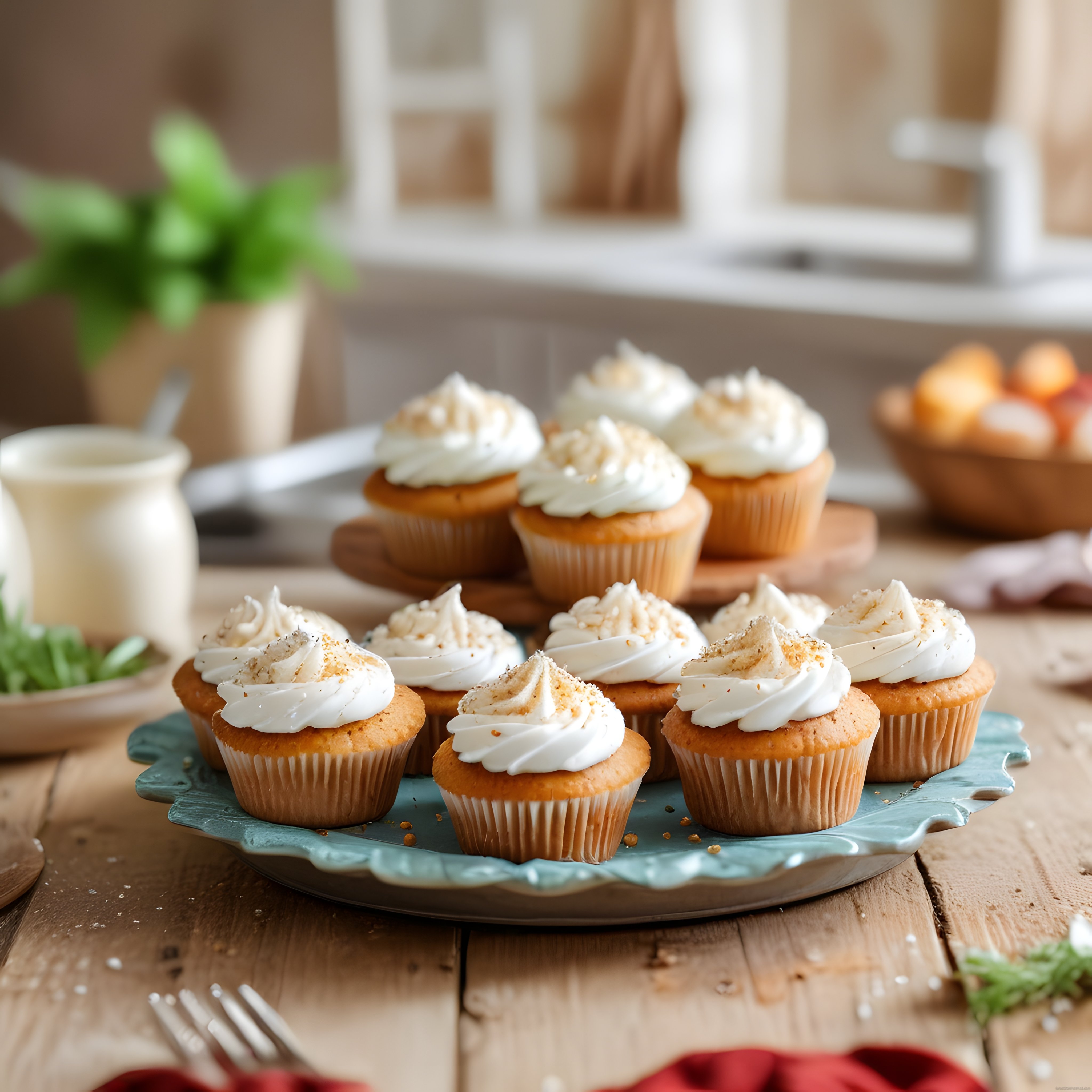 Rustik Ahşap Masada Mavi Tabakta Beyaz Kremalı Cupcake ve Sıcak Mutfak Detayları