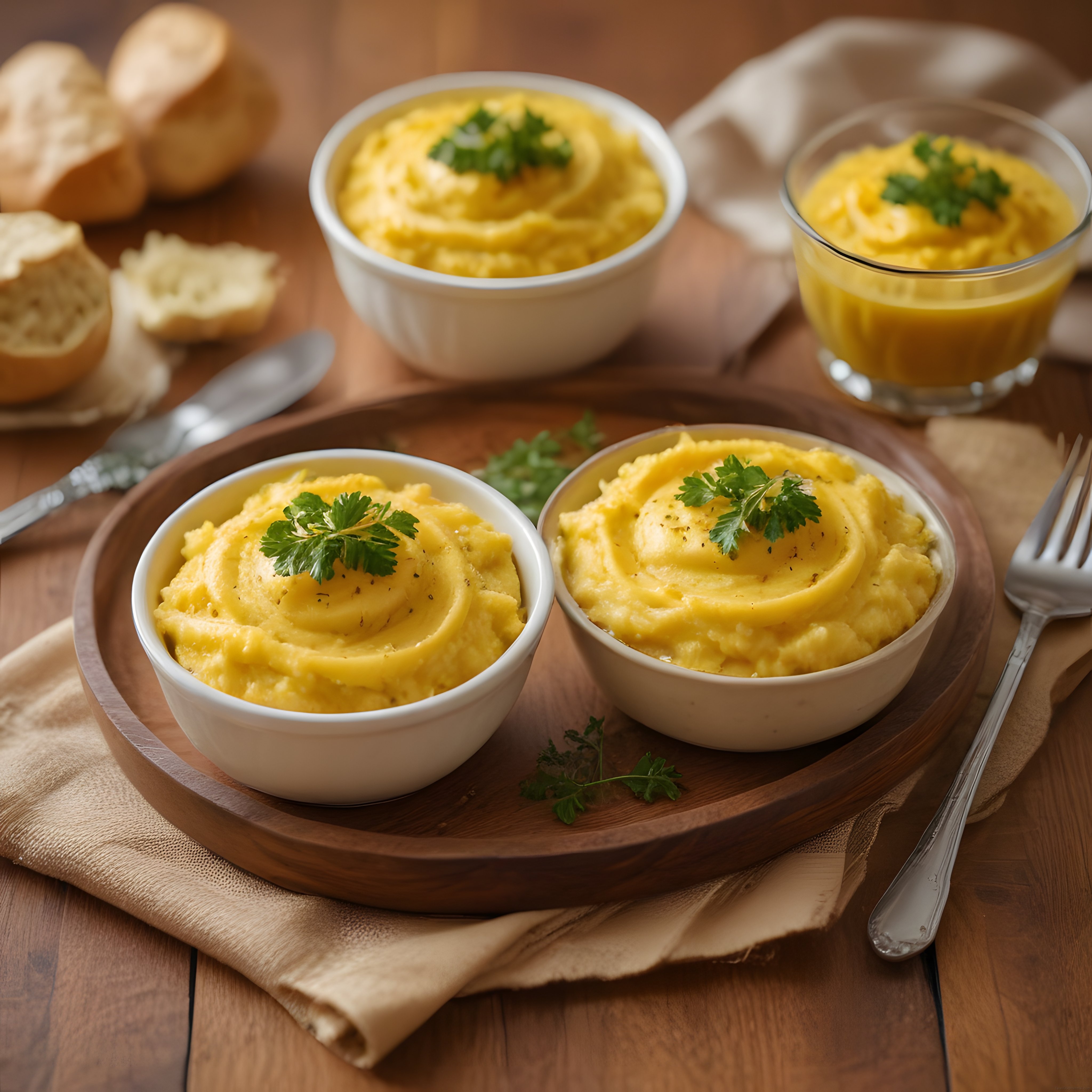 Rustik Ahşap Masada Maydanozlu Kremalı Patates Püresi ve Ekmek