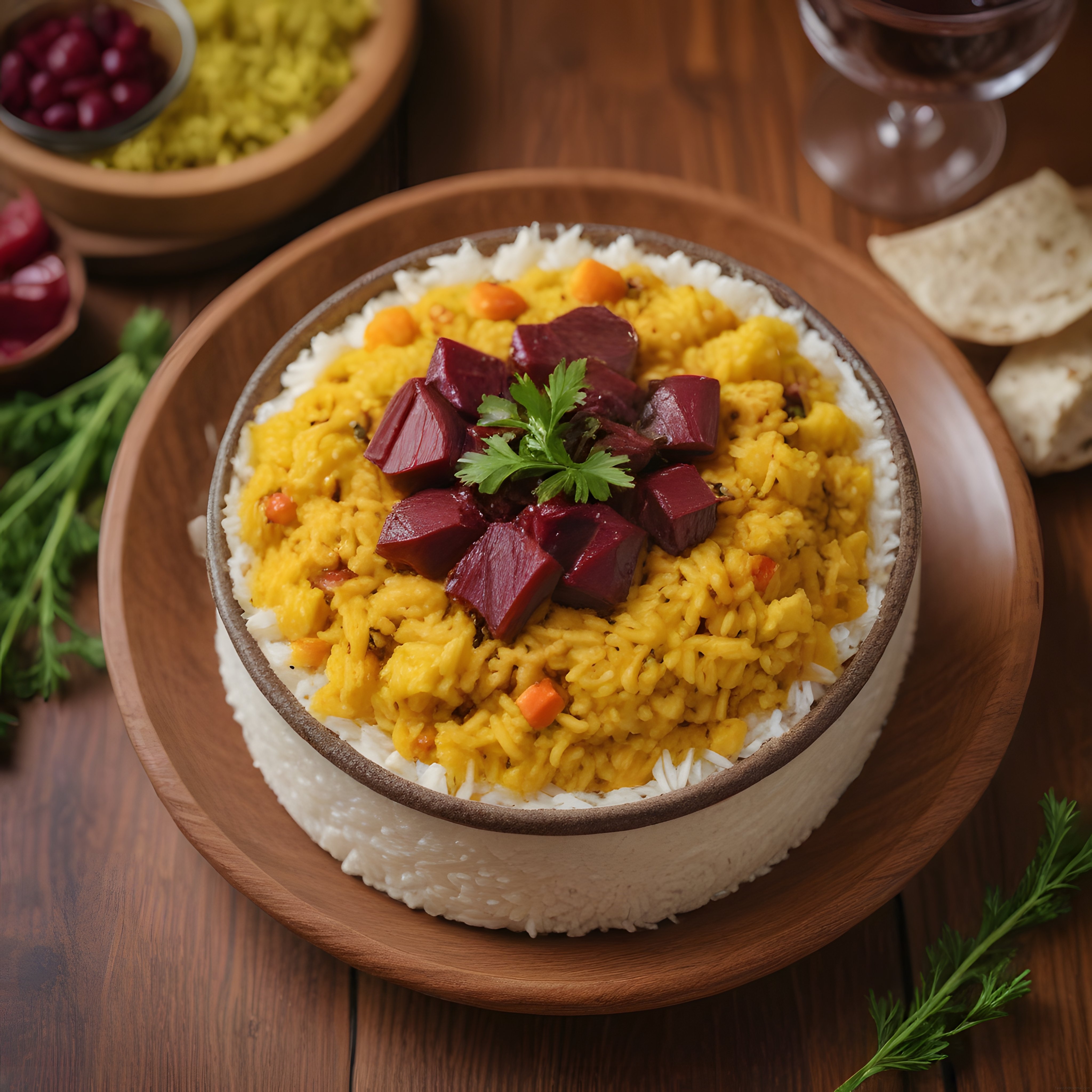 Rustik Ahşap Masada Mercimekli Pilav Bowl ve Pancar Garnitürü