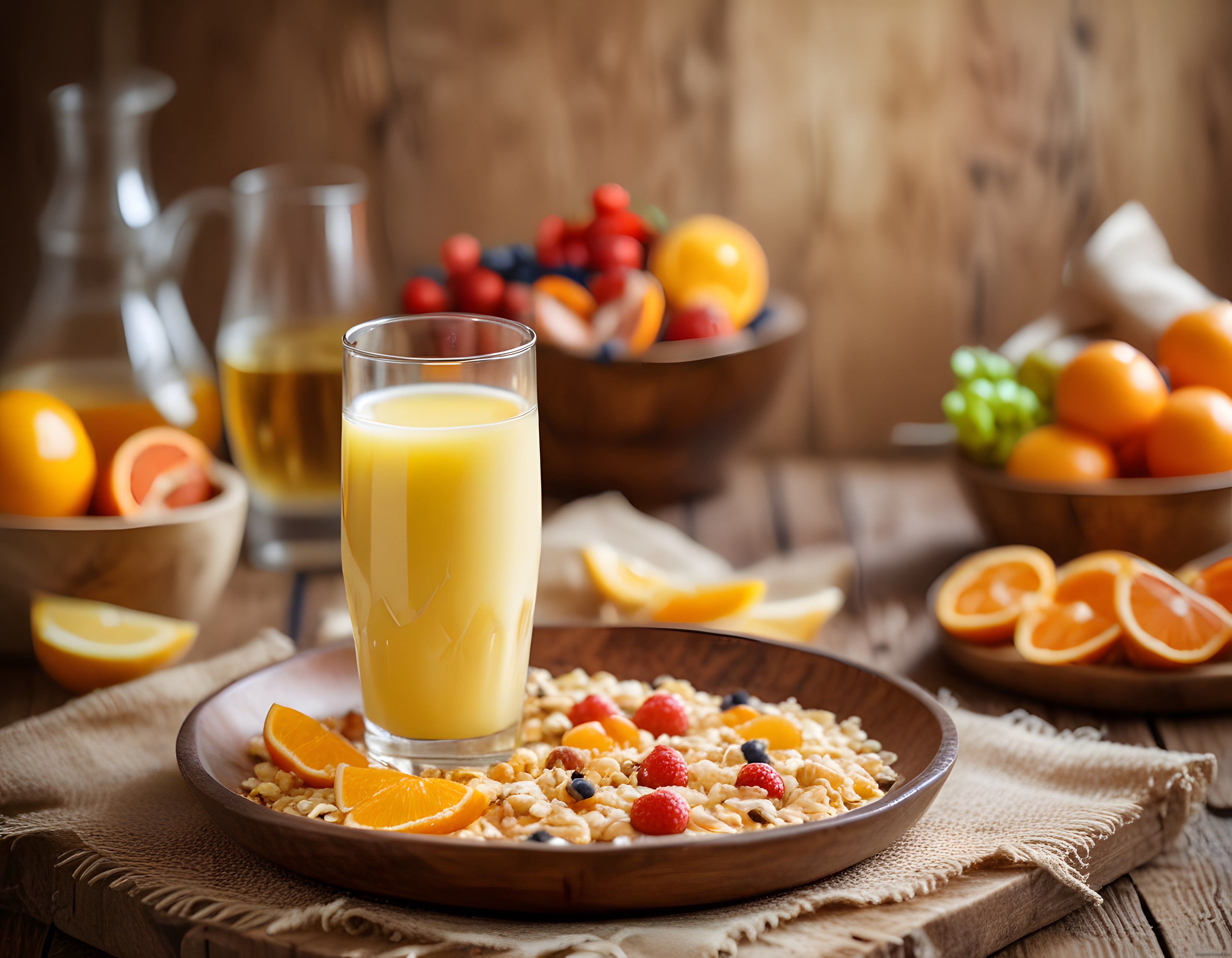 Rustik Ahşap Masada Meyveli Granola Kasesi ve Taze Sıkma Portakal Suyu
