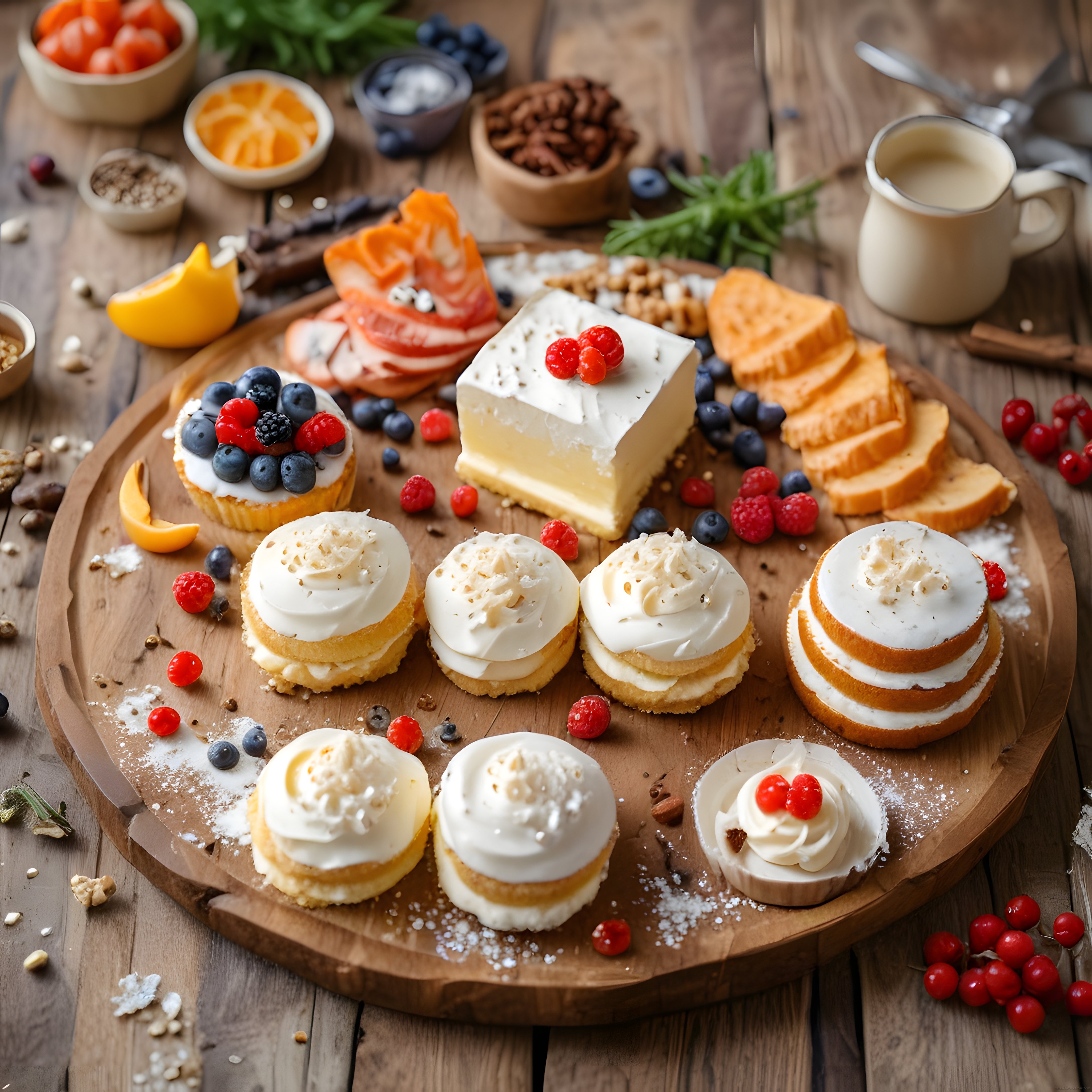 Rustik ahşap masada meyveli tatlı çeşitleri ve kremalı cupcake sunumu