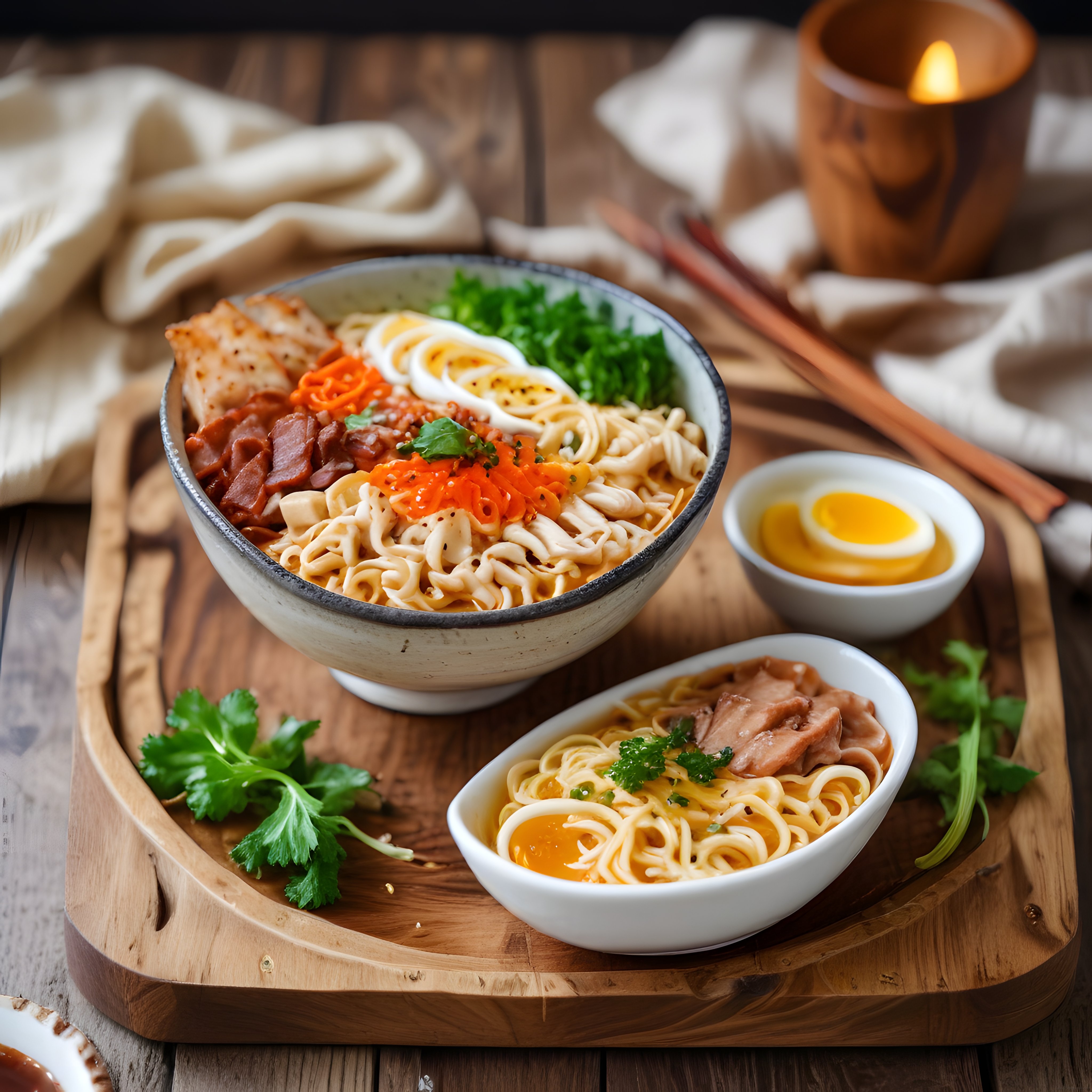 Rustik Ahşap Masada Mum Işığında Japon Ramen Kasesi ve Yan Lezzetler