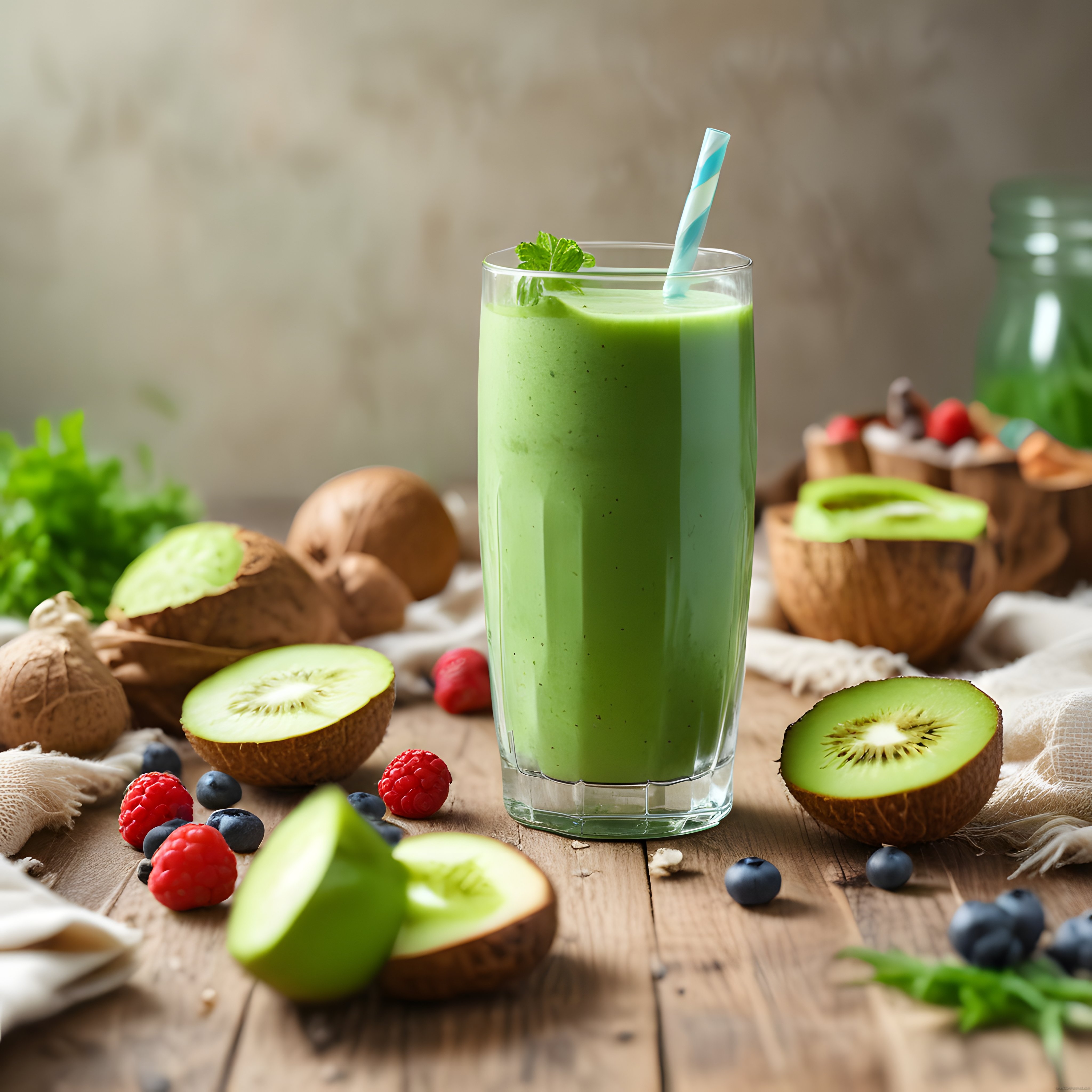 Rustik Ahşap Masada Naneli Kivili Yeşil Smoothie ve Orman Meyveleri