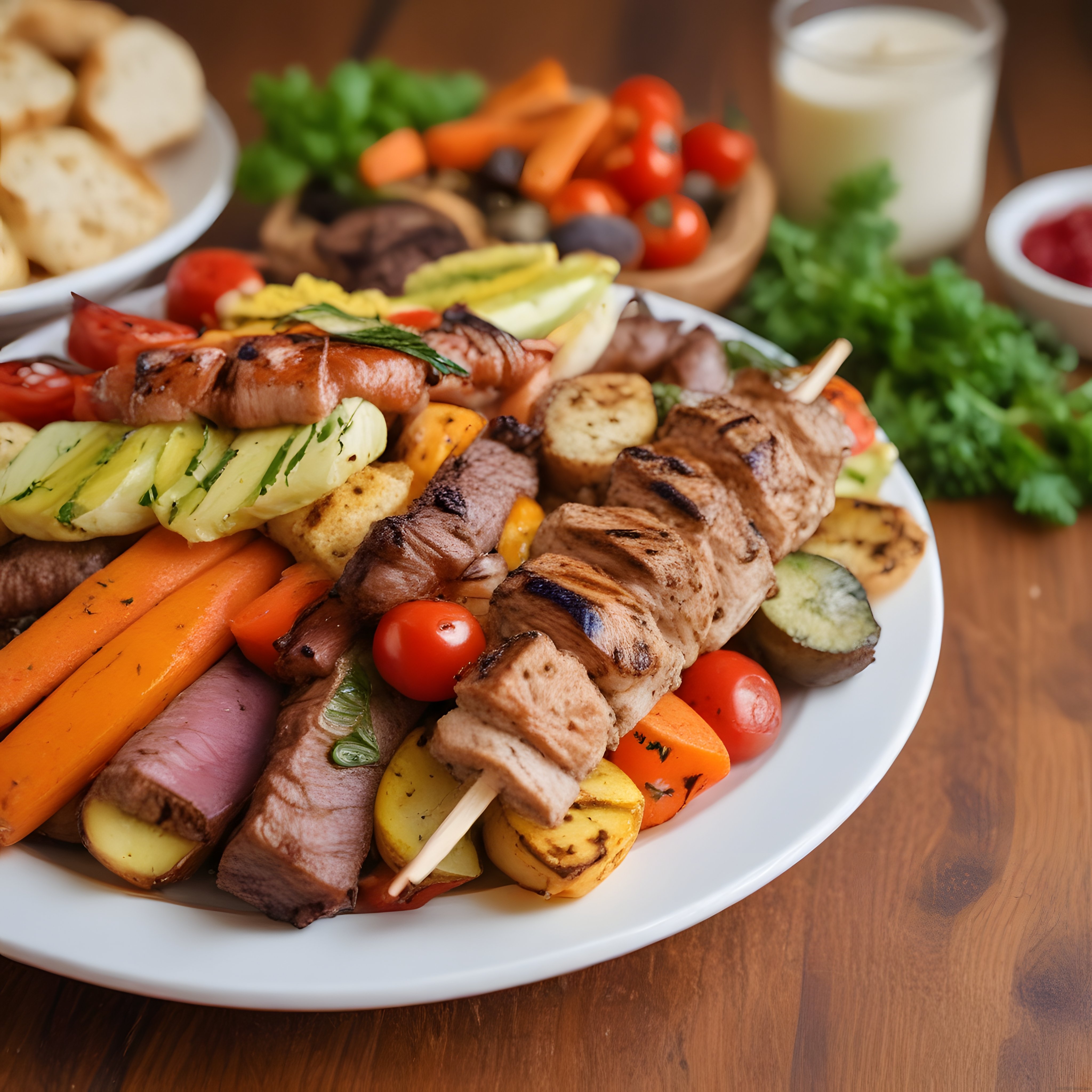 Rustik Ahşap Masada Nefis Et Şiş ve Izgara Sebzelerle Zengin Barbekü Tabağı