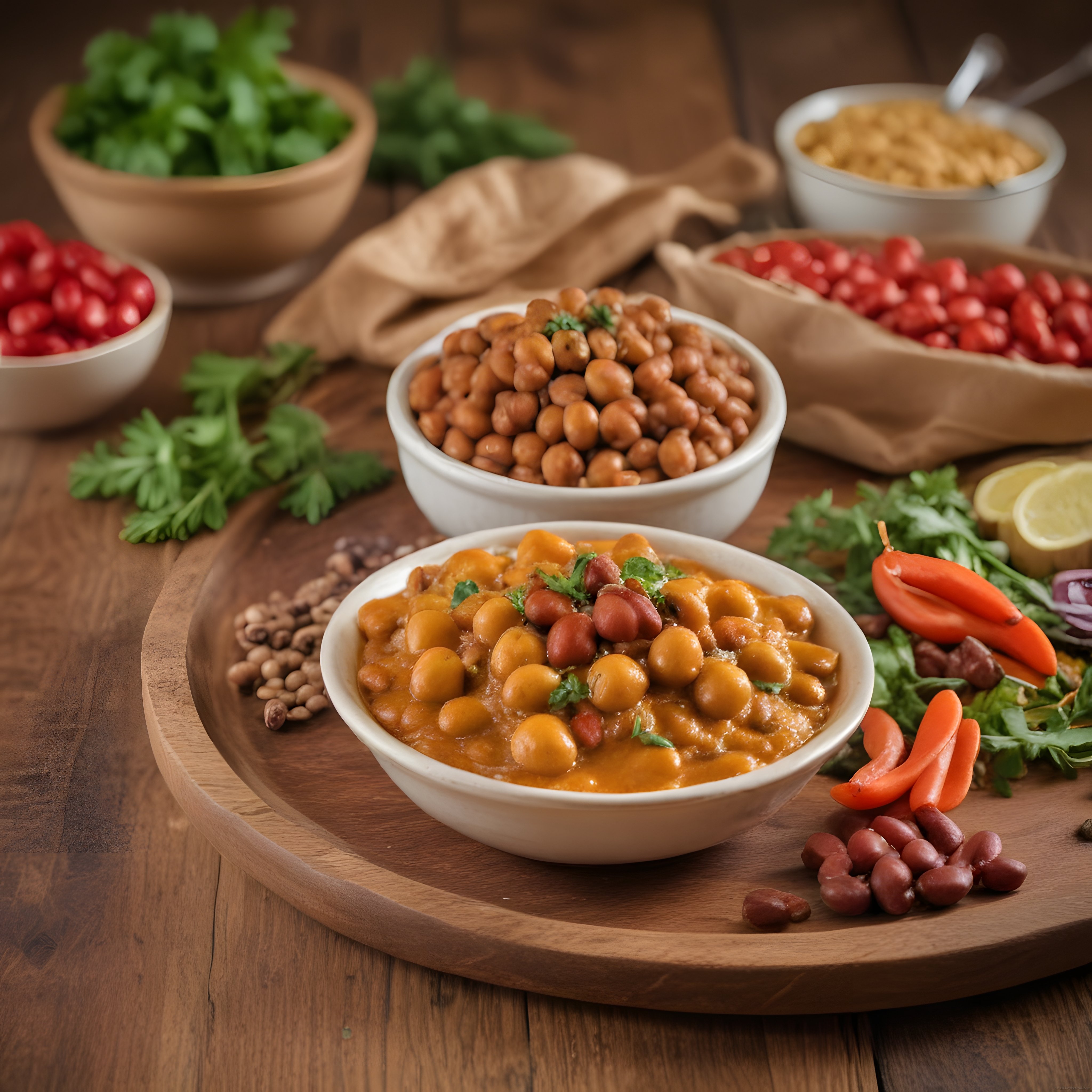 Rustik Ahşap Masada Nohut Curry ve Taze Mutfak Malzemeleri Sunumu
