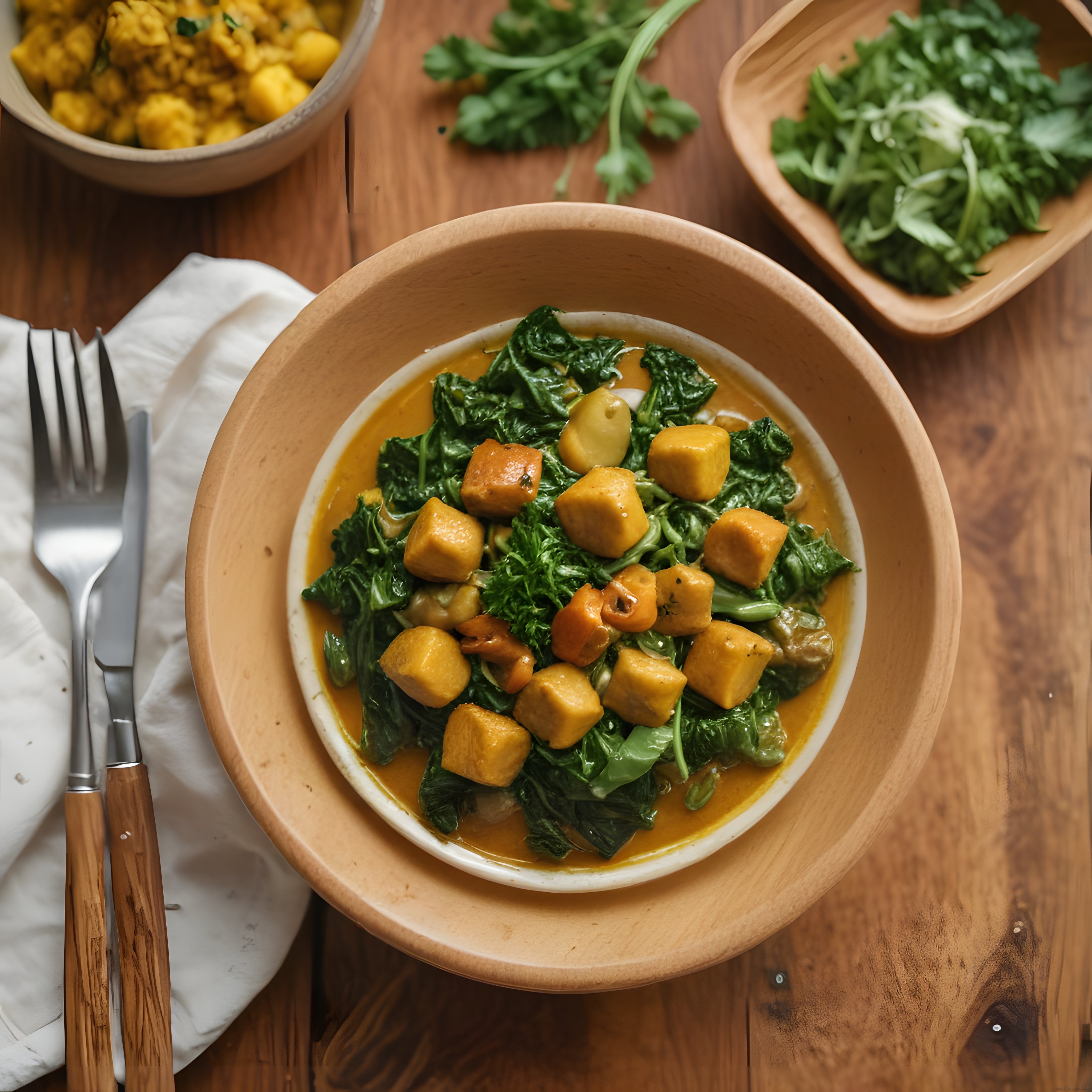 Rustik ahşap masada nohutlu sebzeli vegan sulu yemek sunumu