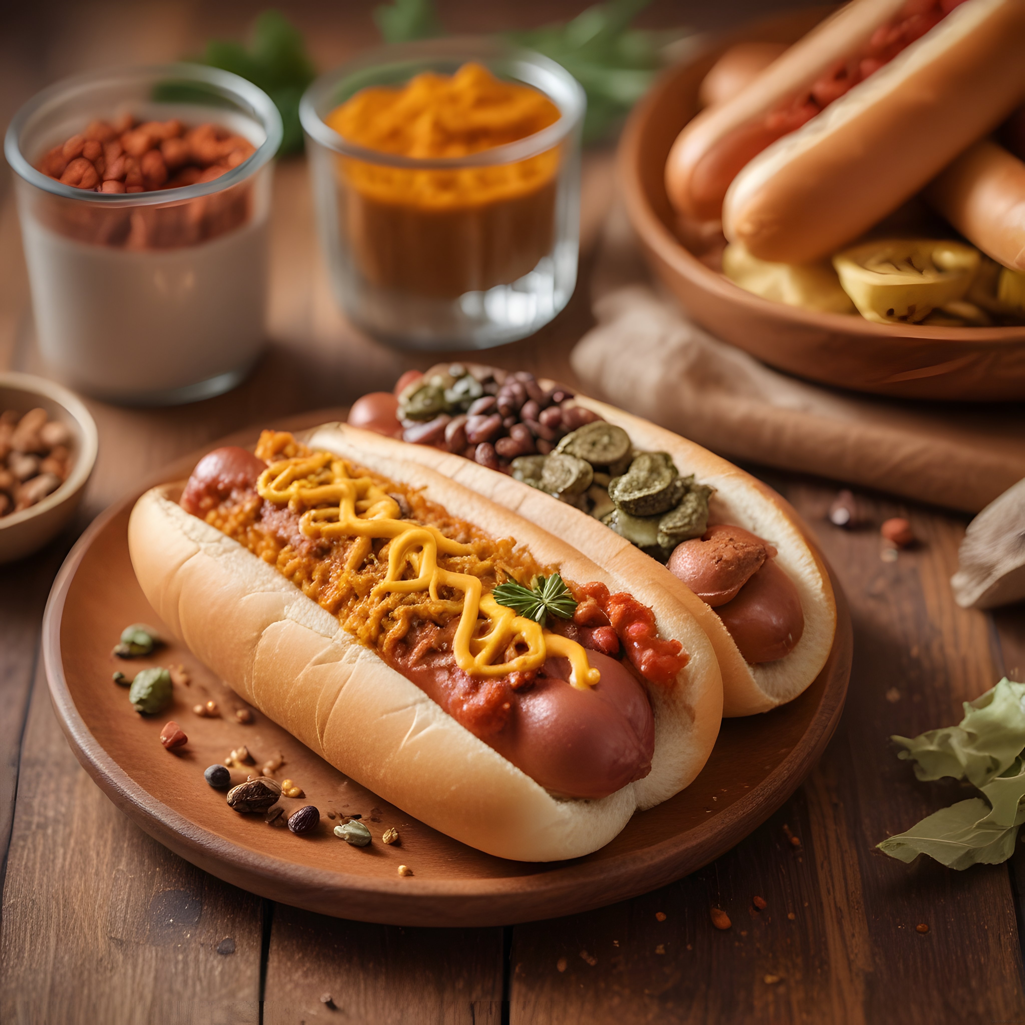 rustik ahşap masada özenle hazırlanmış nefis hot dog sunumları