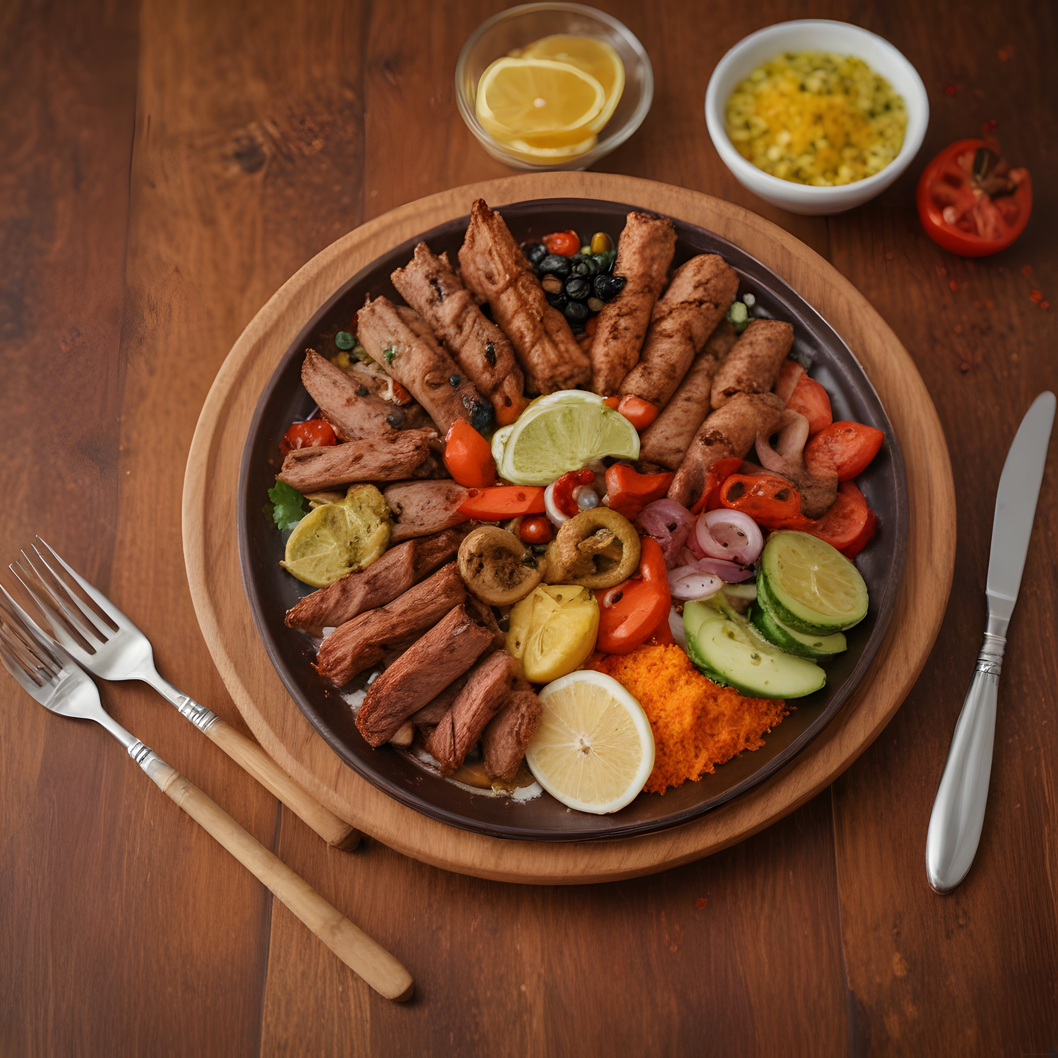 Rustik Ahşap Masada Özenle Hazırlanmış Nefis Izgara Et ve Sebze Tabağı
