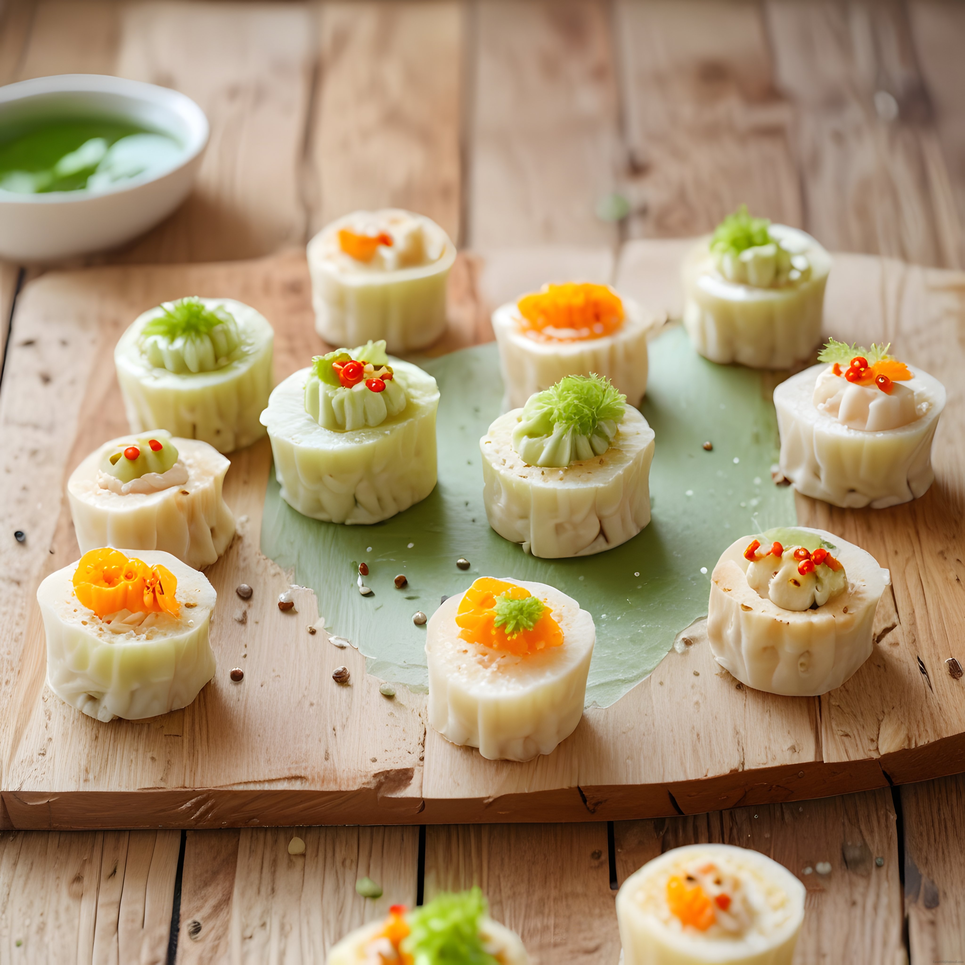Rustik ahşap masada özenle hazırlanmış renkli garnitürlü sushi sunumu
