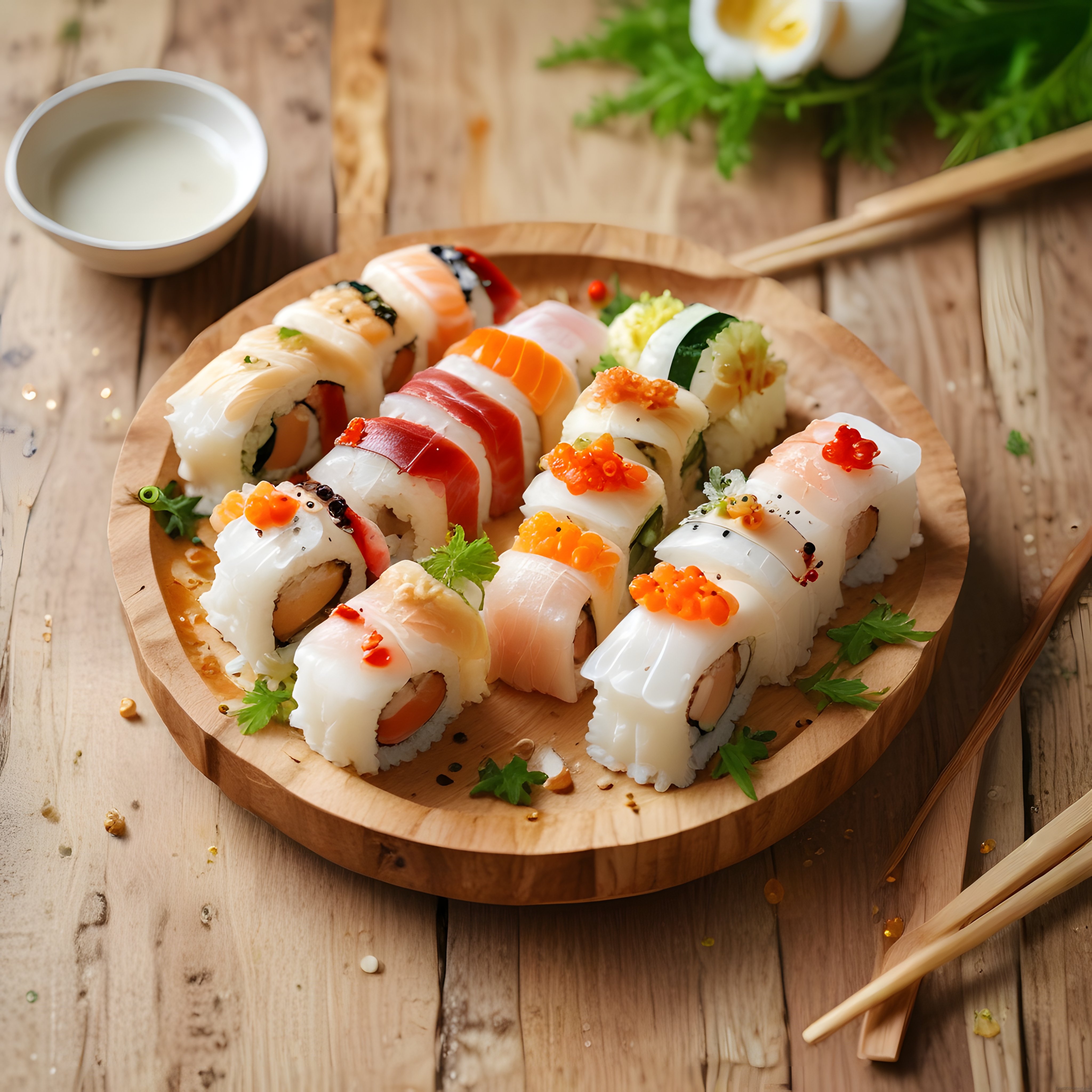 Rustik Ahşap Masada Özenle Hazırlanmış Sushi Çeşitleri ve Sos