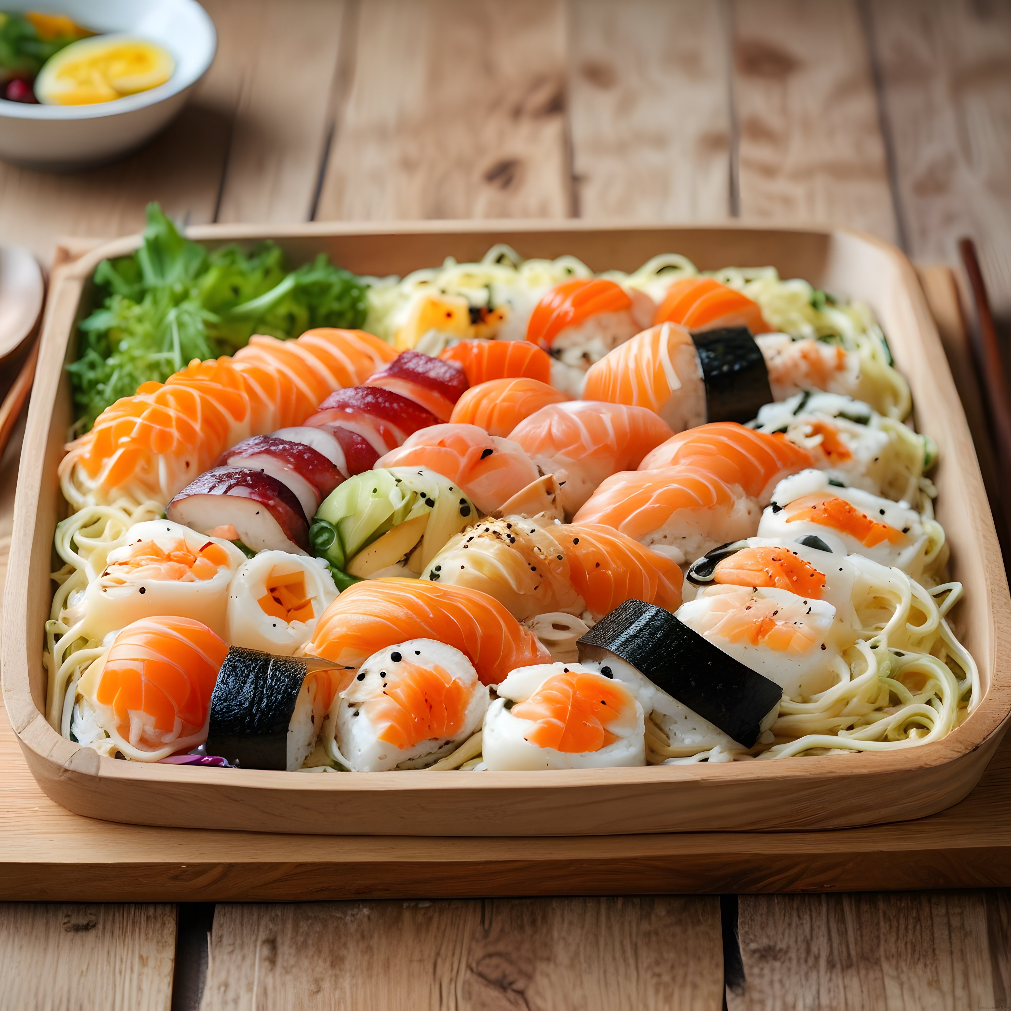 Rustik Ahşap Masada Özenle Hazırlanmış Taze Japon Sushi Tablosu