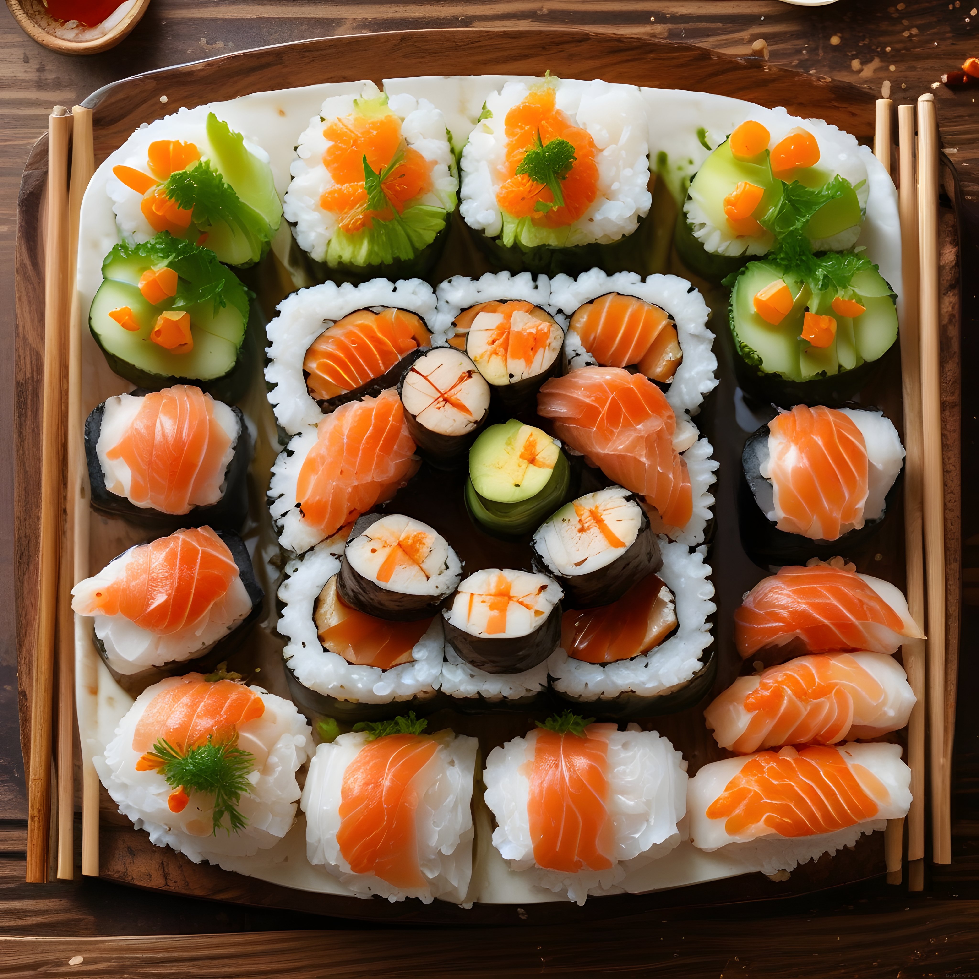 Rustik Ahşap Masada Özenle Hazırlanmış Taze Somonlu Sushi Çeşitleri