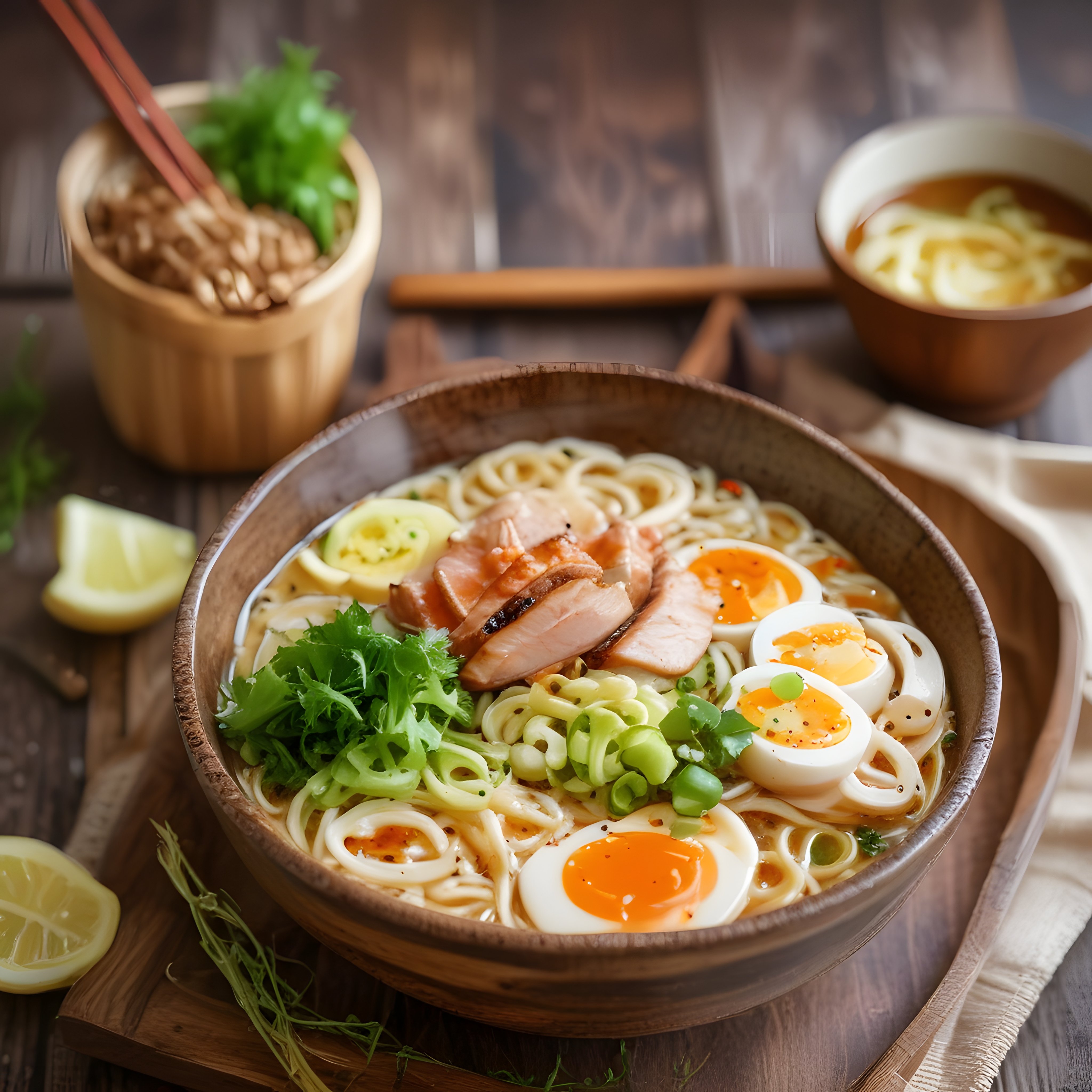 rustik ahşap masada özenle sunulan tavuklu ramen kasesi haşlanmış yumurta ve taze otlarla