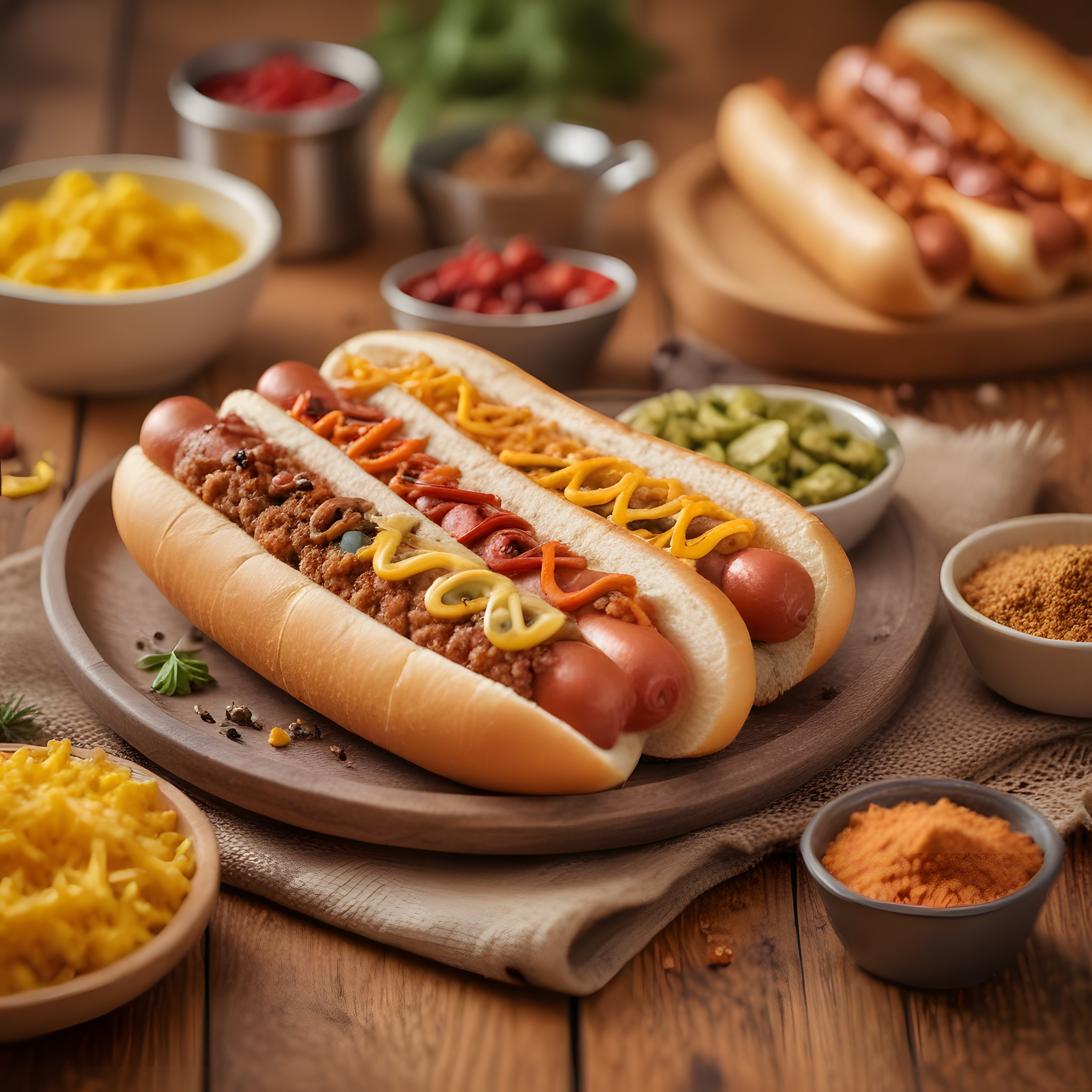 Rustik Ahşap Masada Özenle Sunulmuş Soslu ve Garnitürlü Hot Dog Çeşitleri