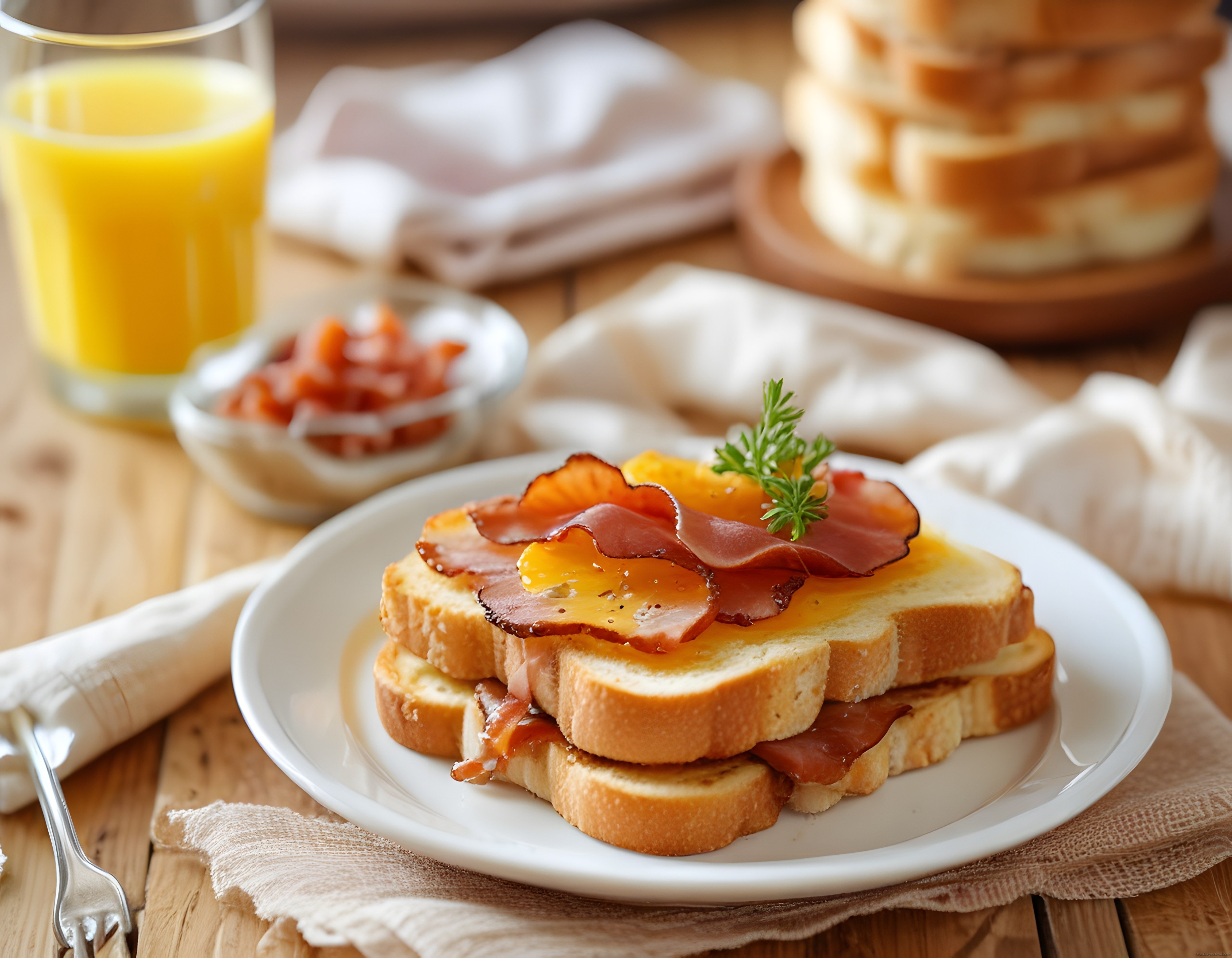 Rustik Ahşap Masada Pastırmalı Peynirli Tost ve Taze Portakal Suyu Kahvaltısı