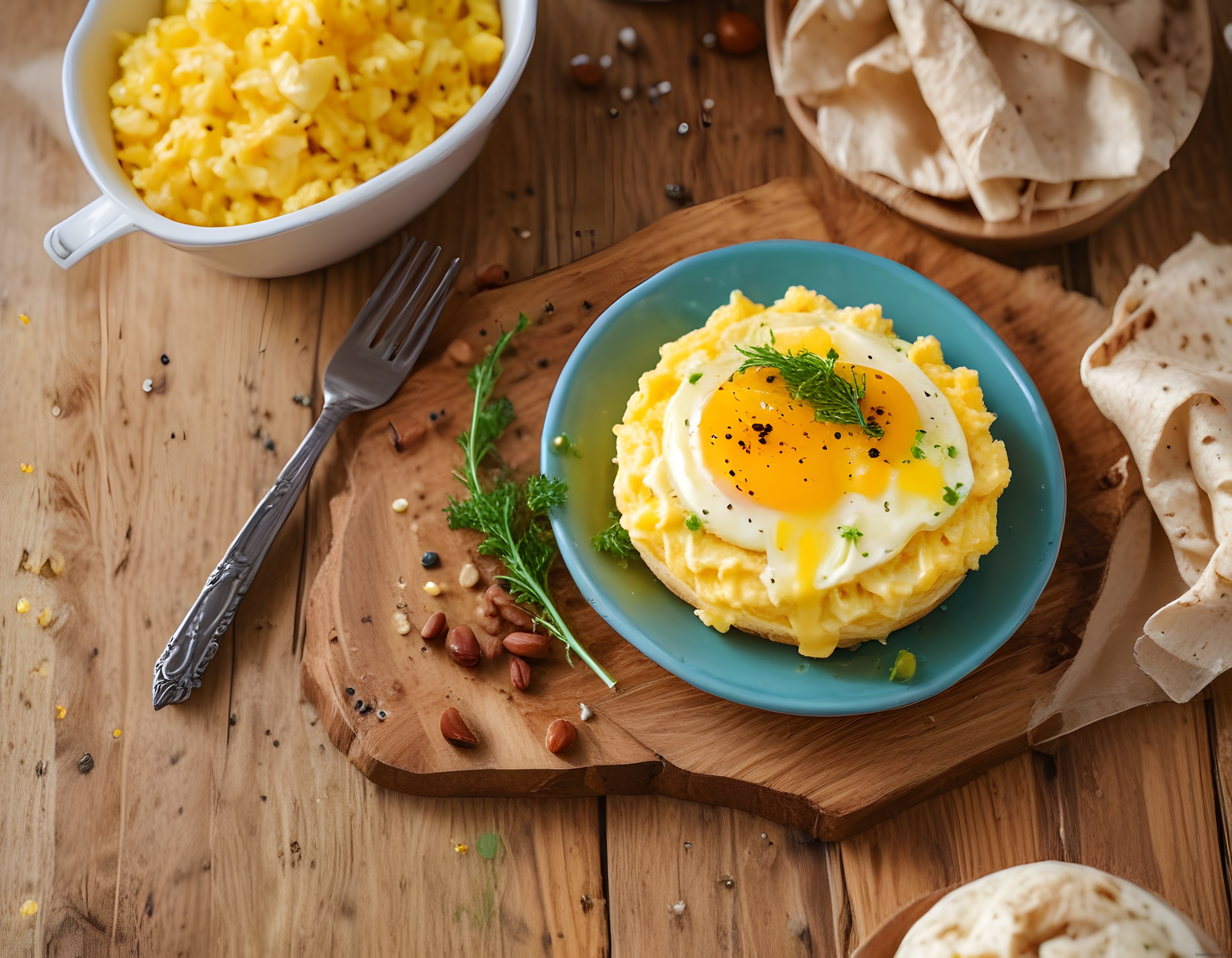 Rustik Ahşap Masada Patates Püresi ve Baharatlı Soslu Yumurta Kahvaltısı