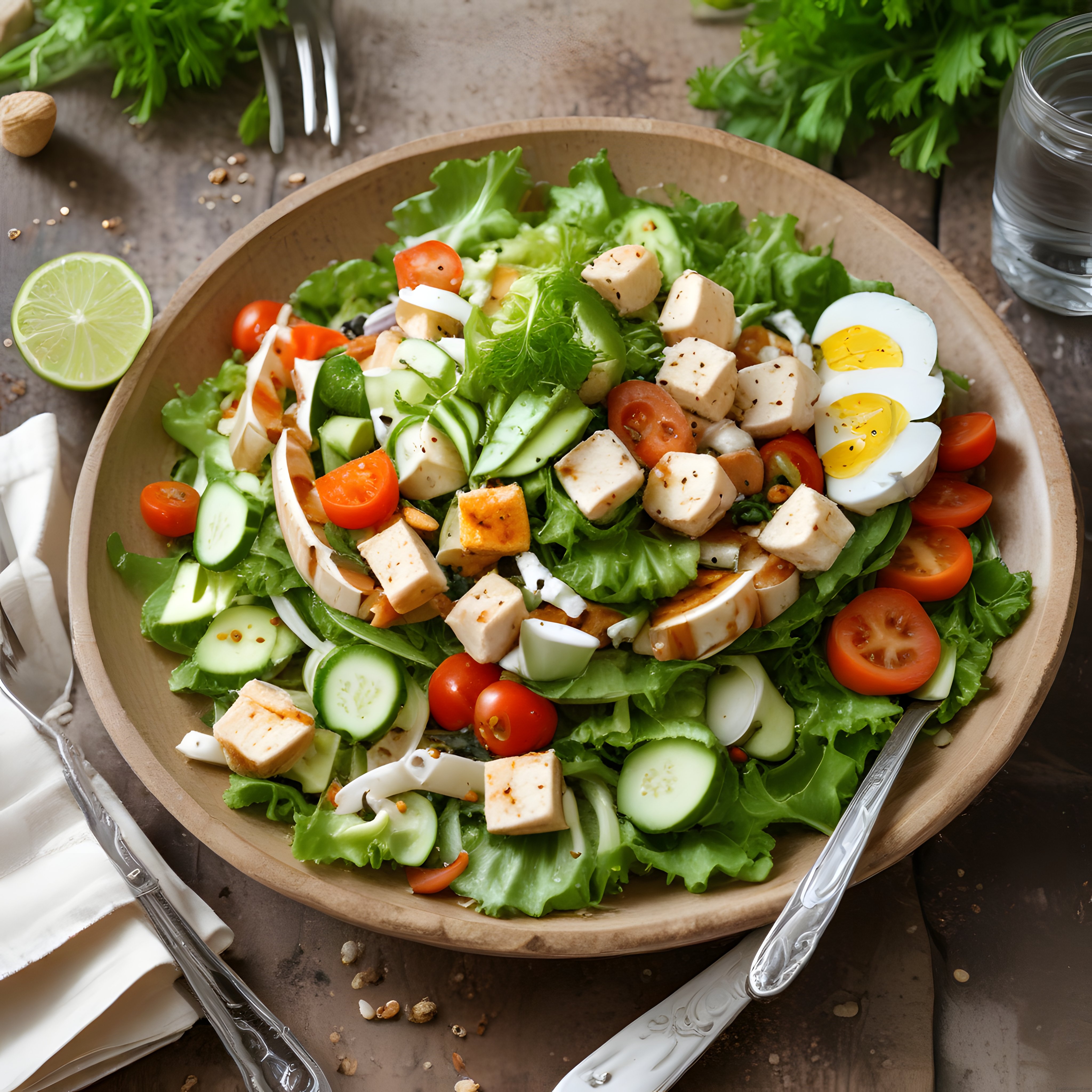 Rustik Ahşap Masada Peynirli Yumurtalı Sağlıklı Salata Tarifi