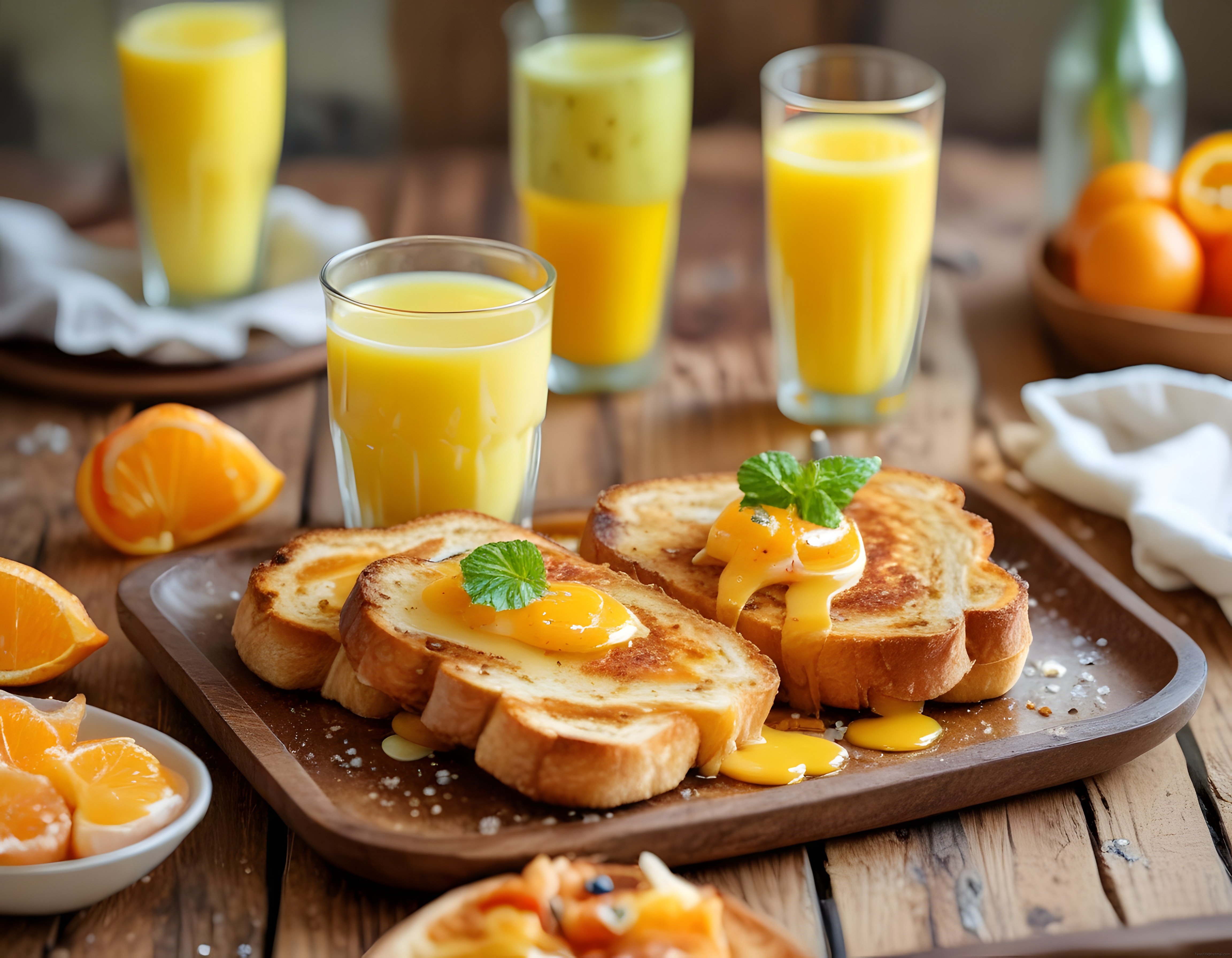Rustik Ahşap Masada Reçelli French Tost ve Taze Portakal Suyu Kahvaltısı