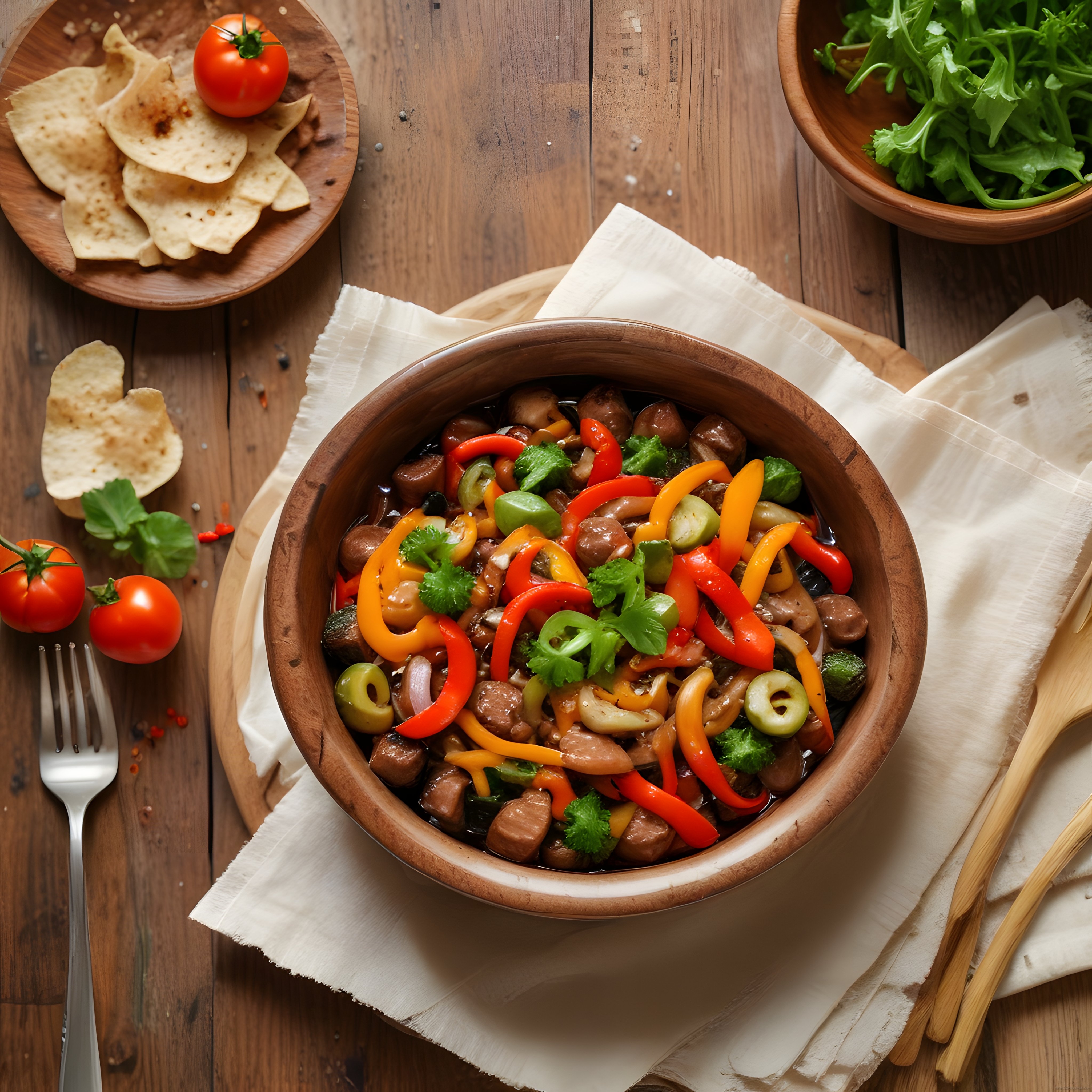 Rustik Ahşap Masada Renkli Biberli Etli Meksika Usulü Fajitas Sunumu