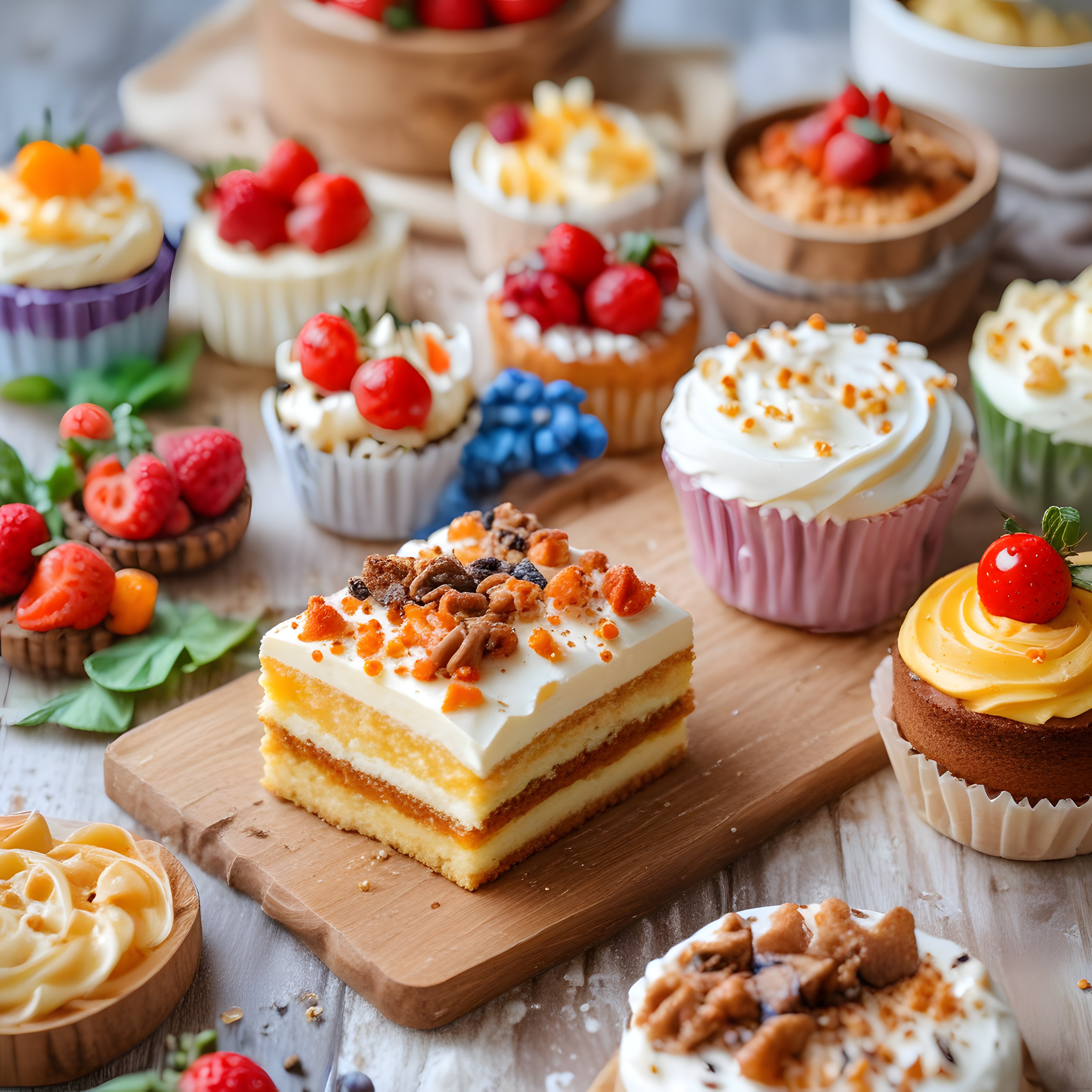 Rustik Ahşap Masada Renkli Kremalı Cupcake ve Pasta Çeşitleri
