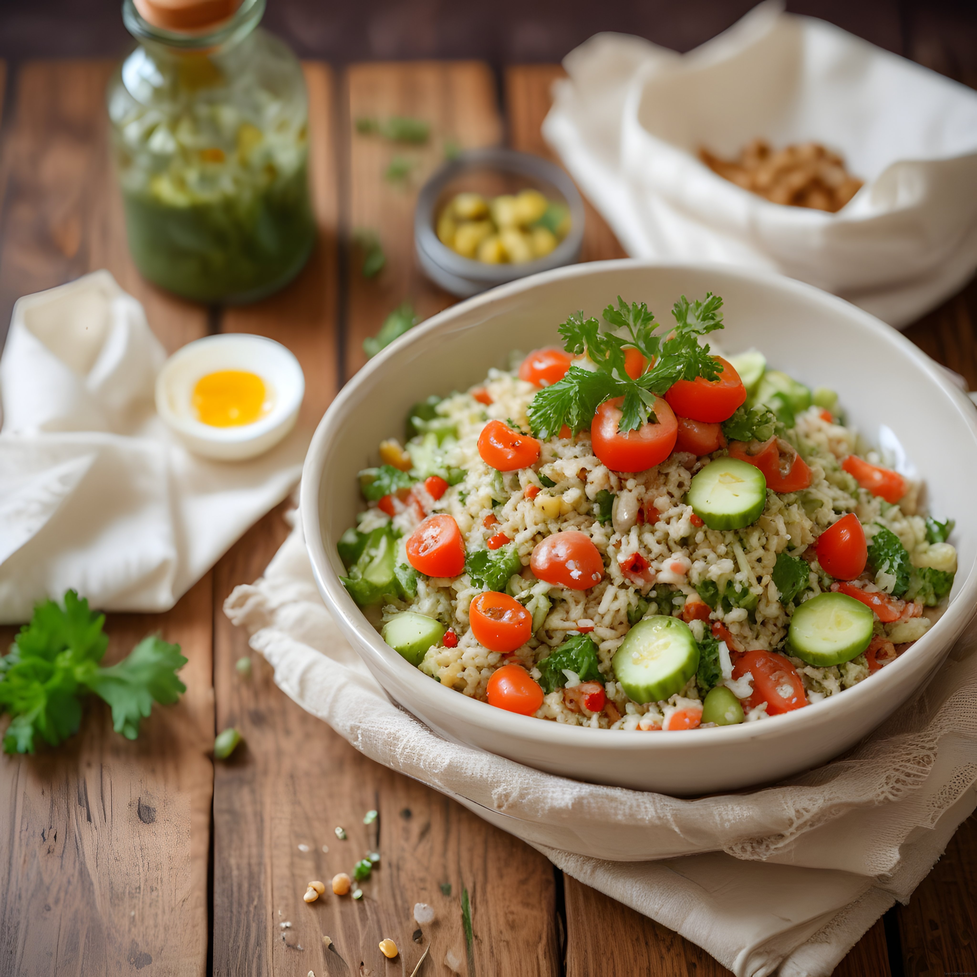 Rustik Ahşap Masada Renkli Kuskus Salatası ve Haşlanmış Yumurta