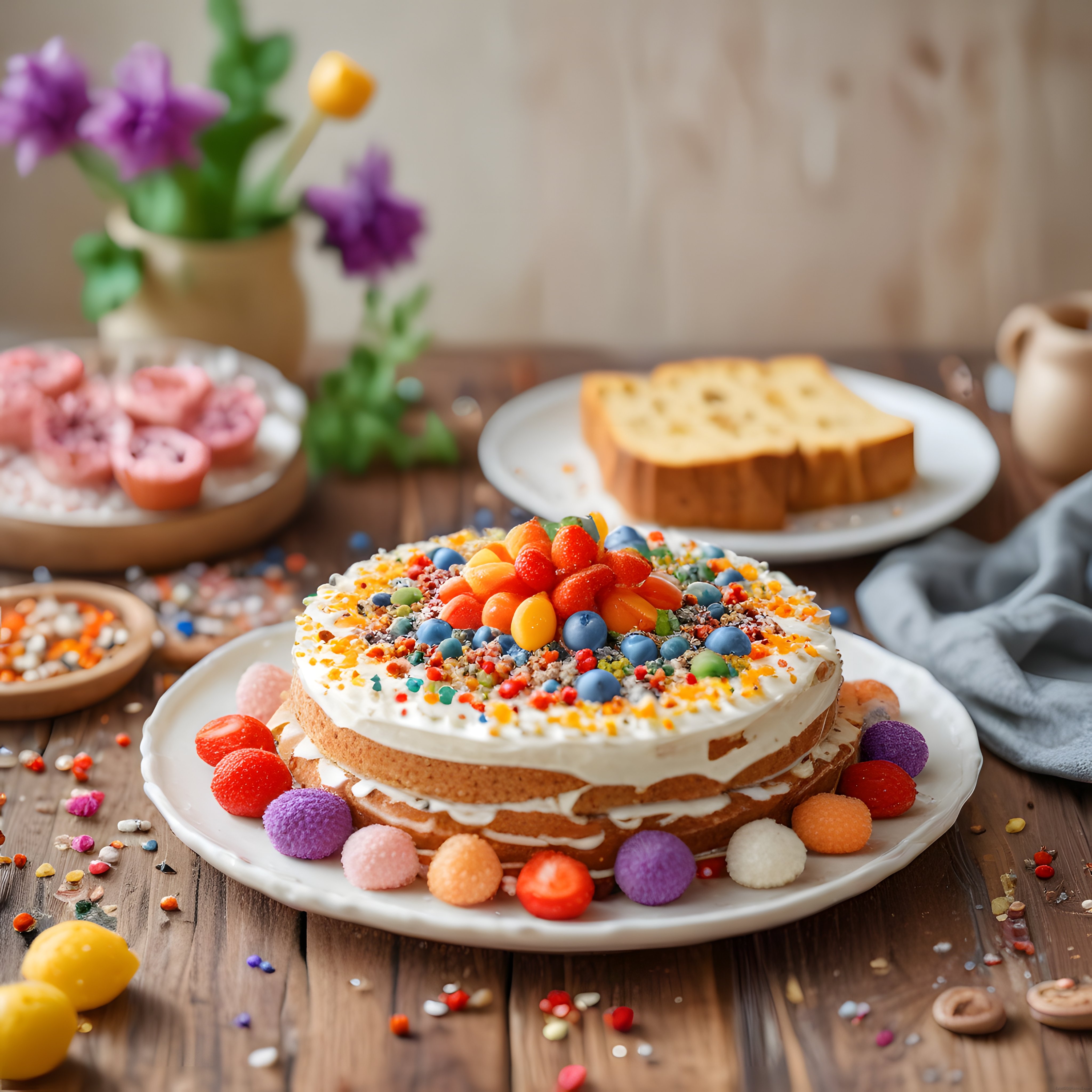 Rustik Ahşap Masada Renkli Meyve ve Krema Süslemeli Katlı Tatlı Pasta Sunumu