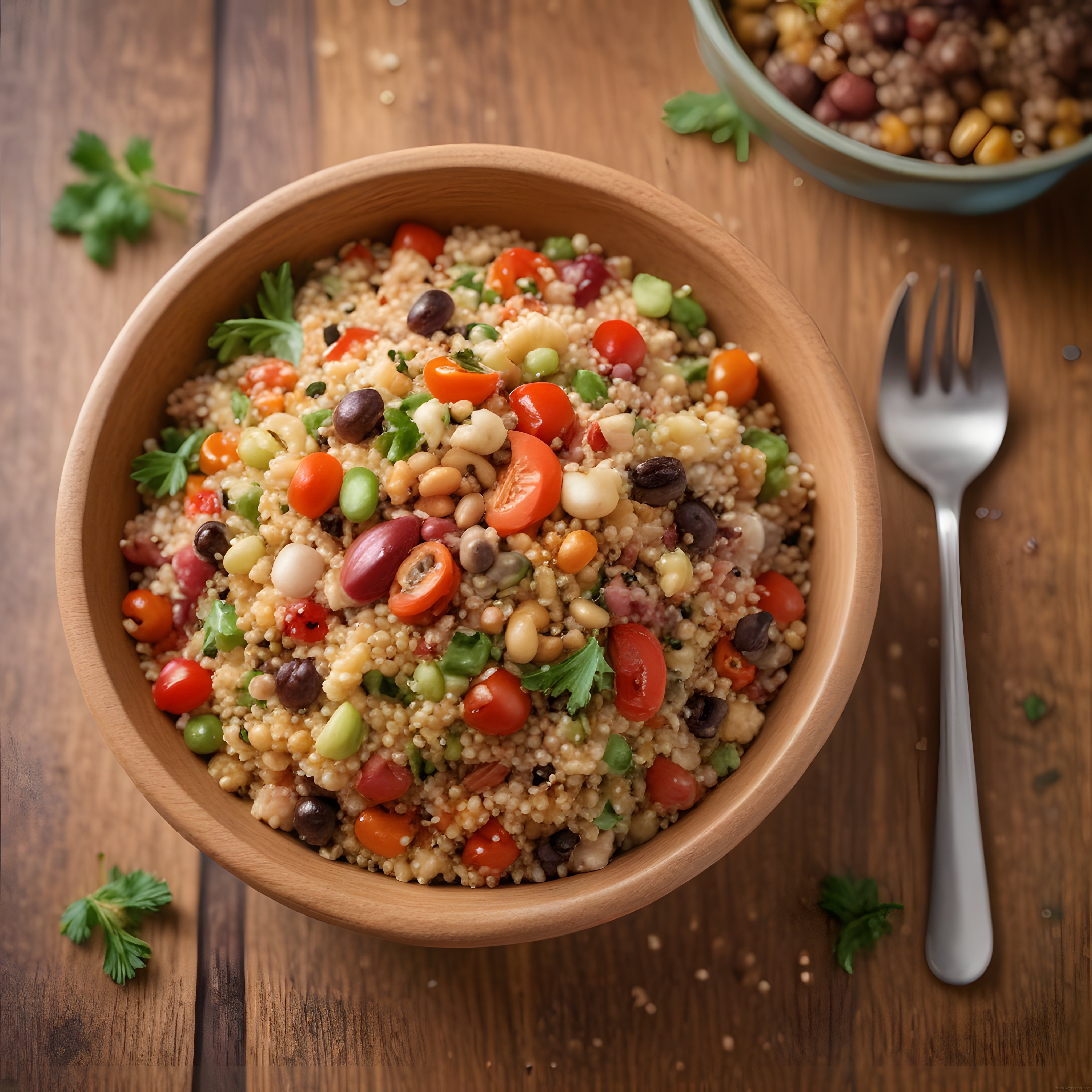 Rustik Ahşap Masada Renkli Quinoa Salatası ve Taze Sebzelerle Sağlıklı Öğün