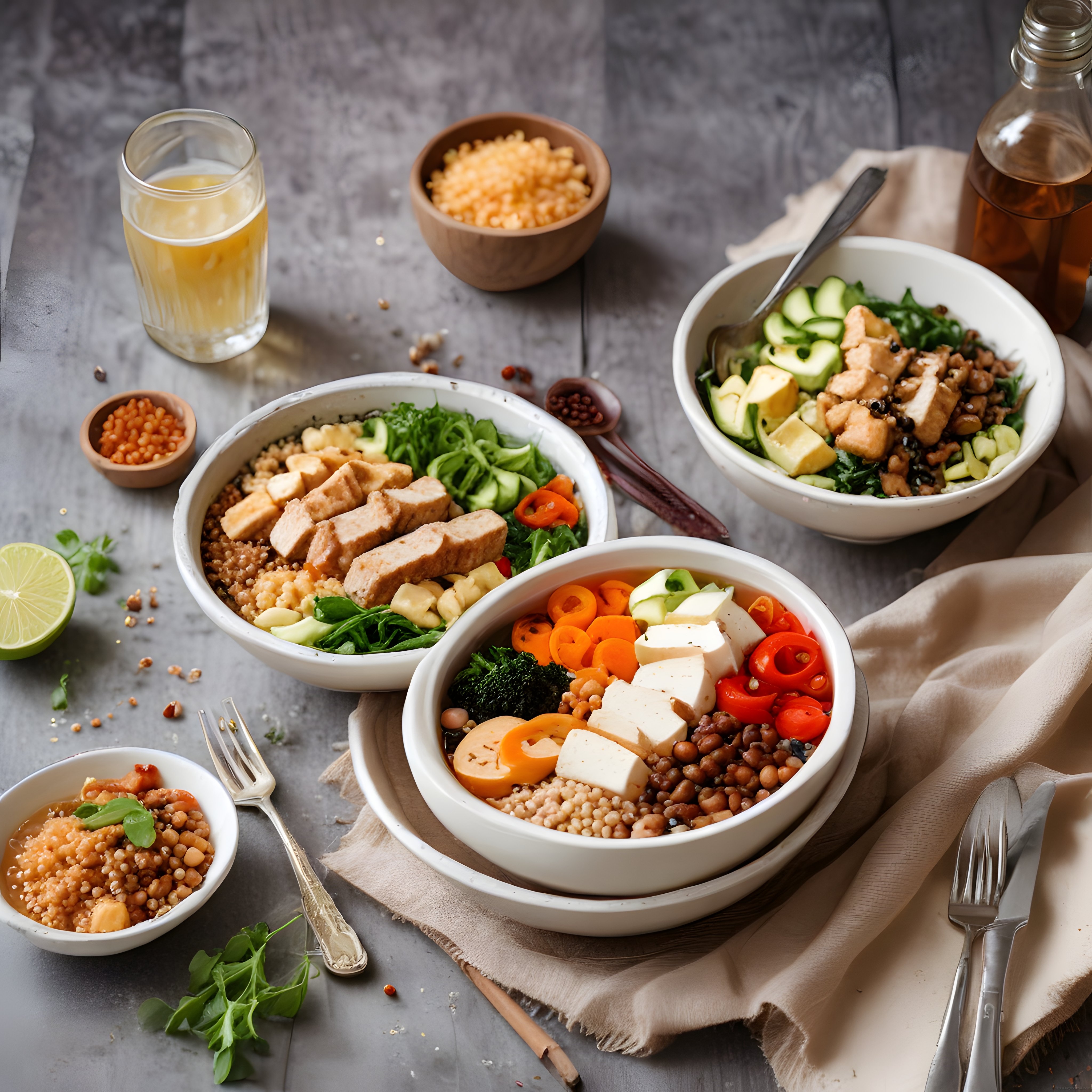 Rustik Ahşap Masada Renkli Sağlıklı Kaseler ve Besleyici Bowl Sunumu